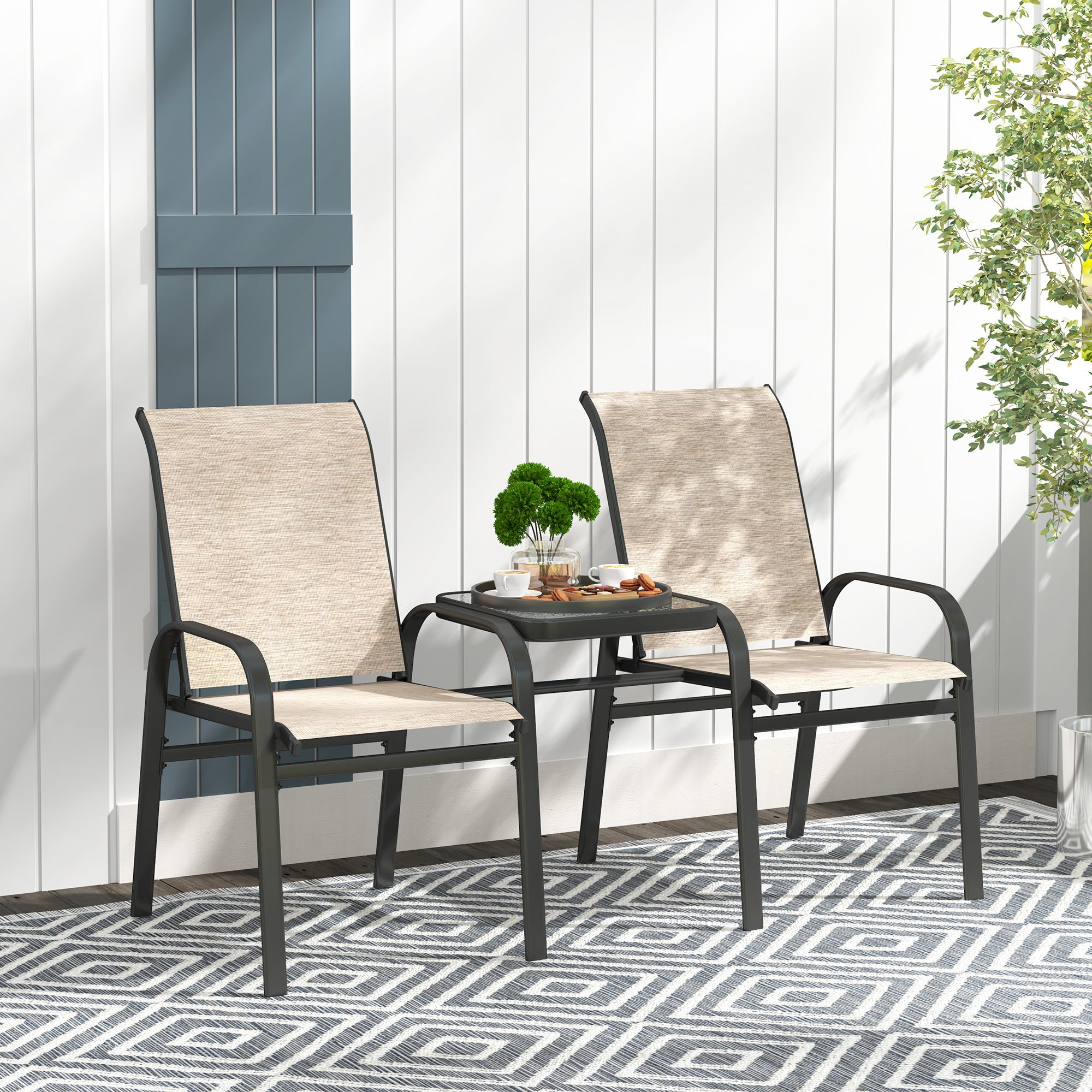 Outsunny Outdoor Patio Loveseat, Outdoor Bench with Glass Table, Garden Bench with Breathable Mesh Seat, High Back, Armrests, 2-Seater Patio Furniture for Porch, Park, Brown