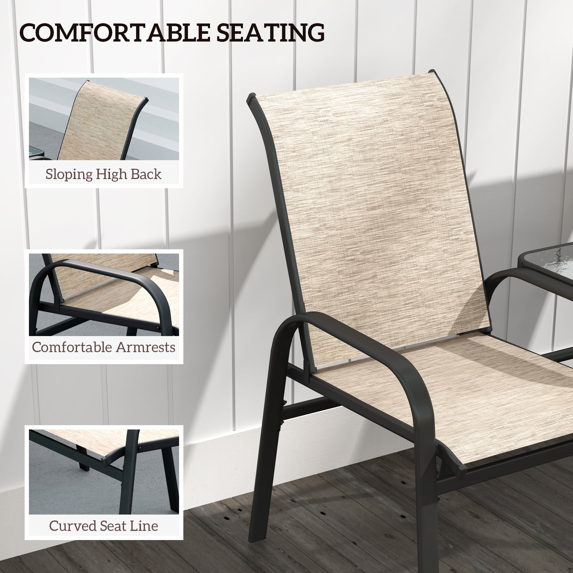 Outsunny Outdoor Patio Loveseat, Outdoor Bench with Glass Table, Garden Bench with Breathable Mesh Seat, High Back, Armrests, 2-Seater Patio Furniture for Porch, Park, Brown