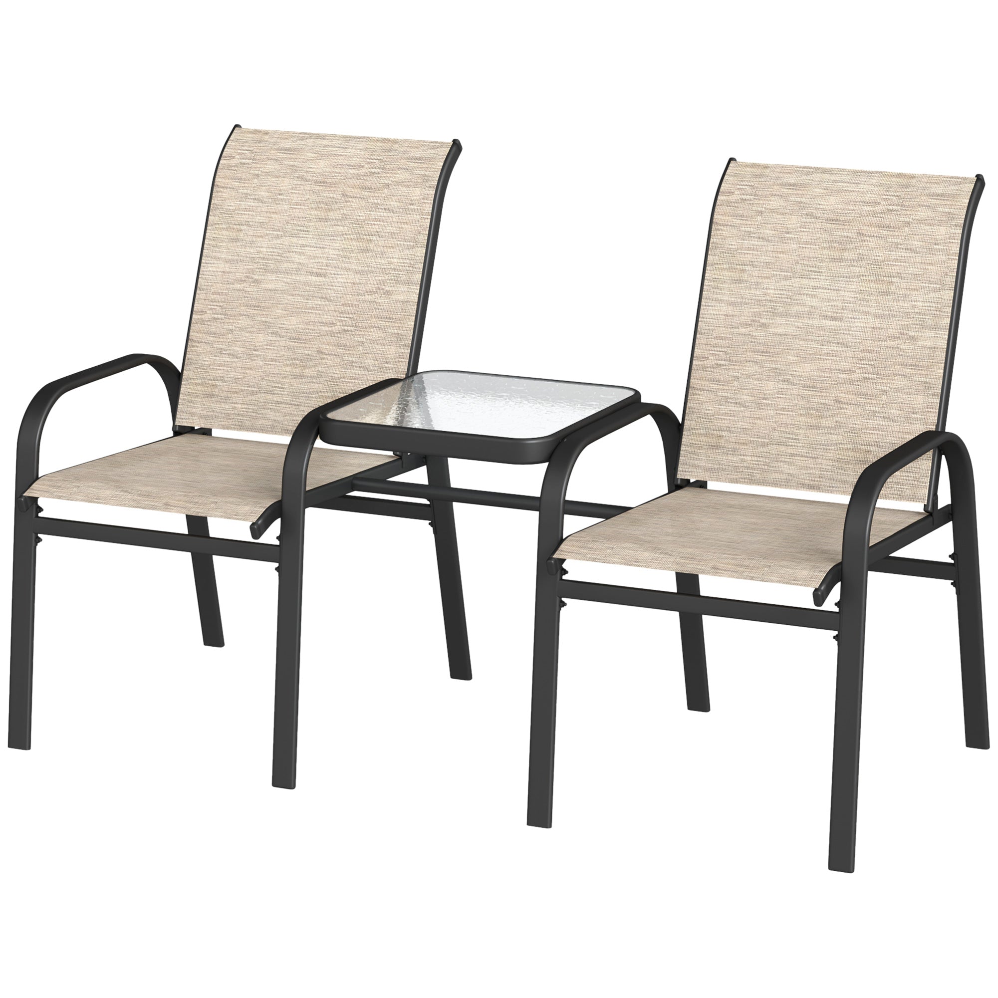 Outsunny Outdoor Patio Loveseat, Outdoor Bench with Glass Table, Garden Bench with Breathable Mesh Seat, High Back, Armrests, 2-Seater Patio Furniture for Porch, Park, Brown