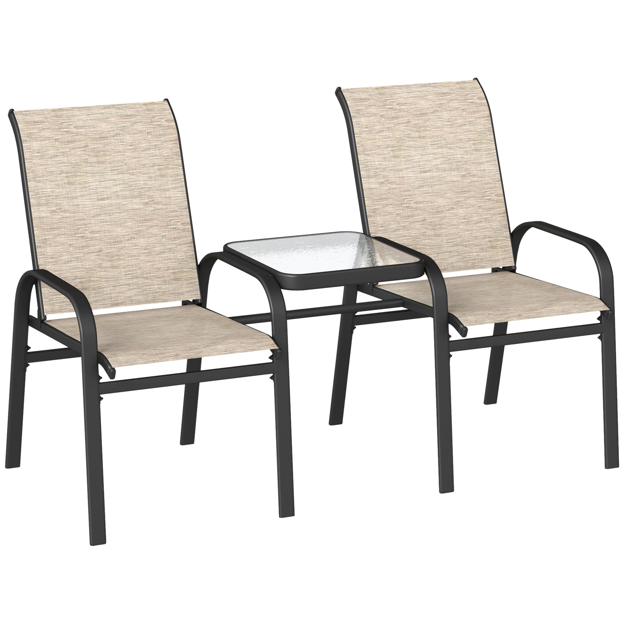 Outsunny Outdoor Patio Loveseat, Outdoor Bench with Glass Table, Garden Bench with Breathable Mesh Seat, High Back, Armrests, 2-Seater Patio Furniture for Porch, Park, Brown