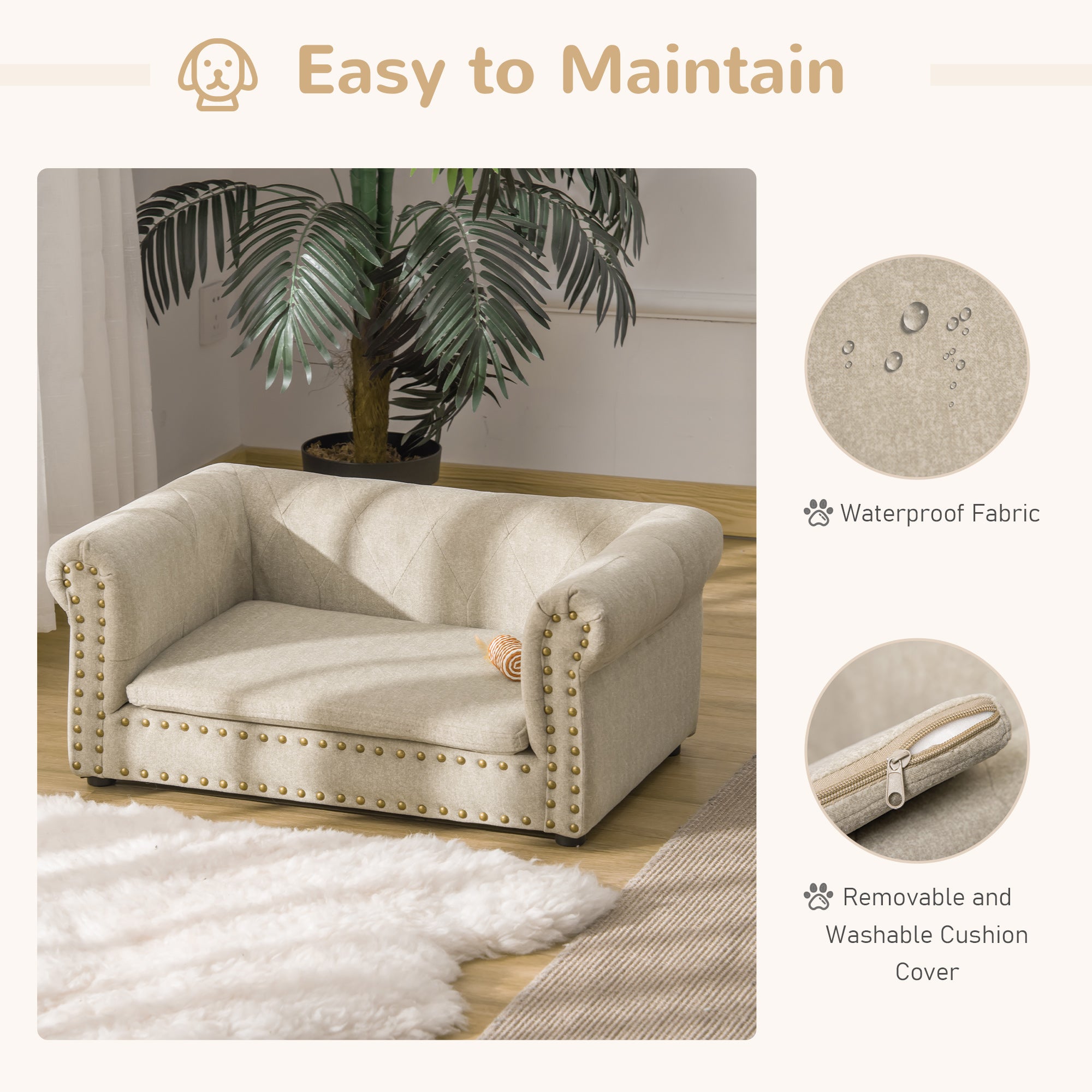 PawHut Dog Sofa with Soft Cushion, Pet Bed Cat Chair Couch with Water Resistant Fabric, Sponge Padded, Washable Cover, Easy Installation, Wooden Legs for Mini Sized Dogs - Khaki