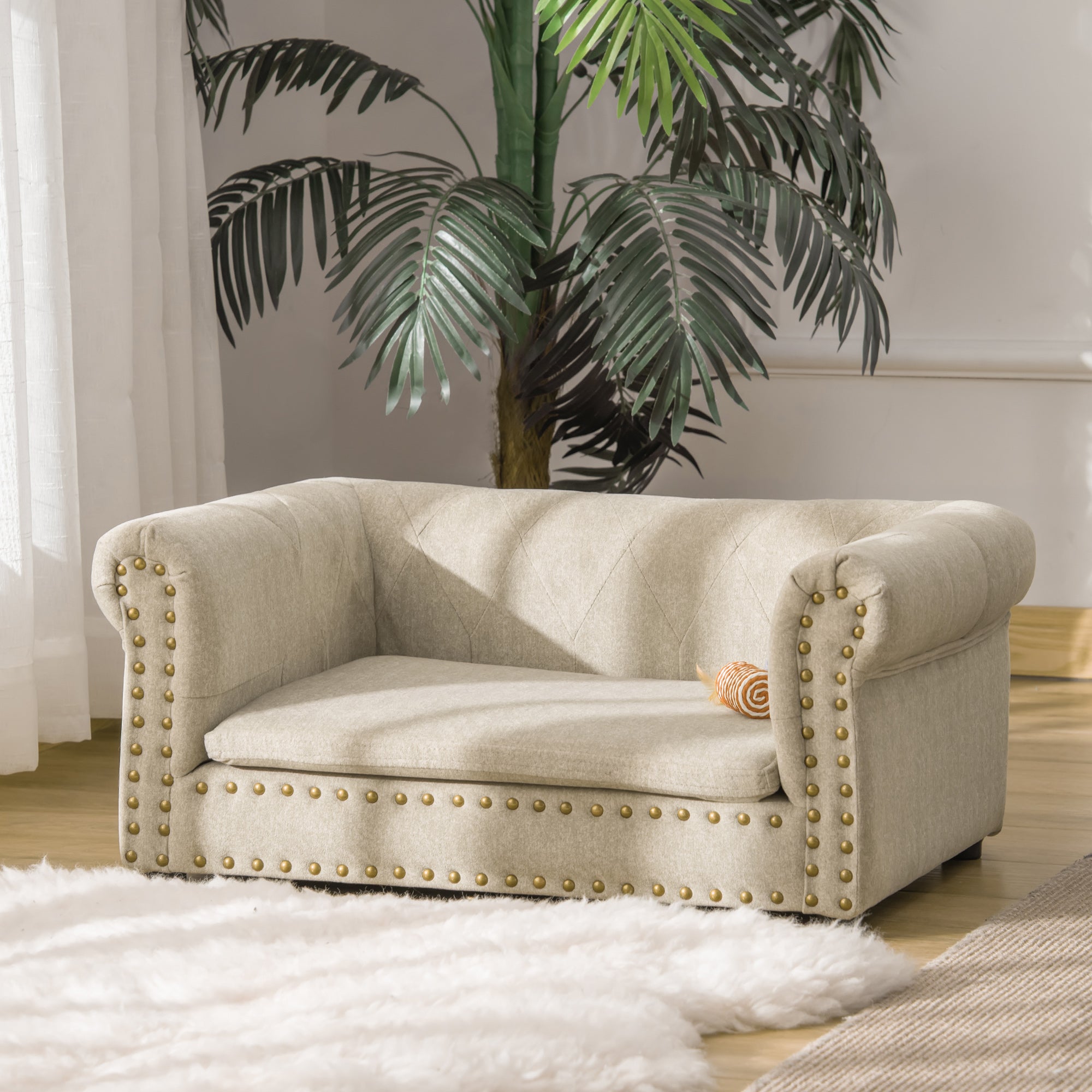 PawHut Dog Sofa with Soft Cushion, Pet Bed Cat Chair Couch with Water Resistant Fabric, Sponge Padded, Washable Cover, Easy Installation, Wooden Legs for Mini Sized Dogs - Khaki