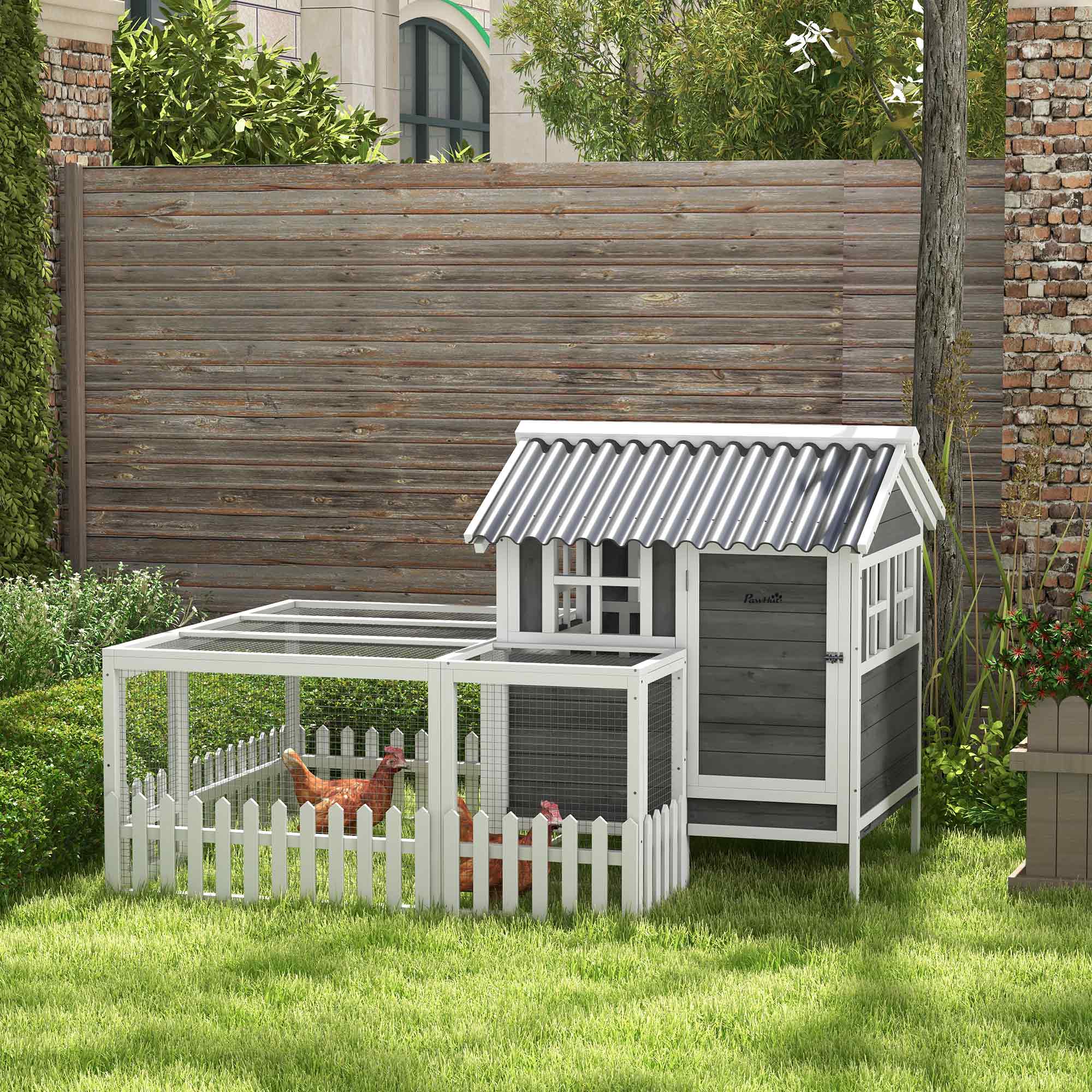 PawHut Wooden Chicken Coop, Outdoor Rabbit Hutch with Run, Tray, Nesting Box, Removable Tray, Fence for 3-4 Chicken, Bunnies, Ducks, Charcoal Grey