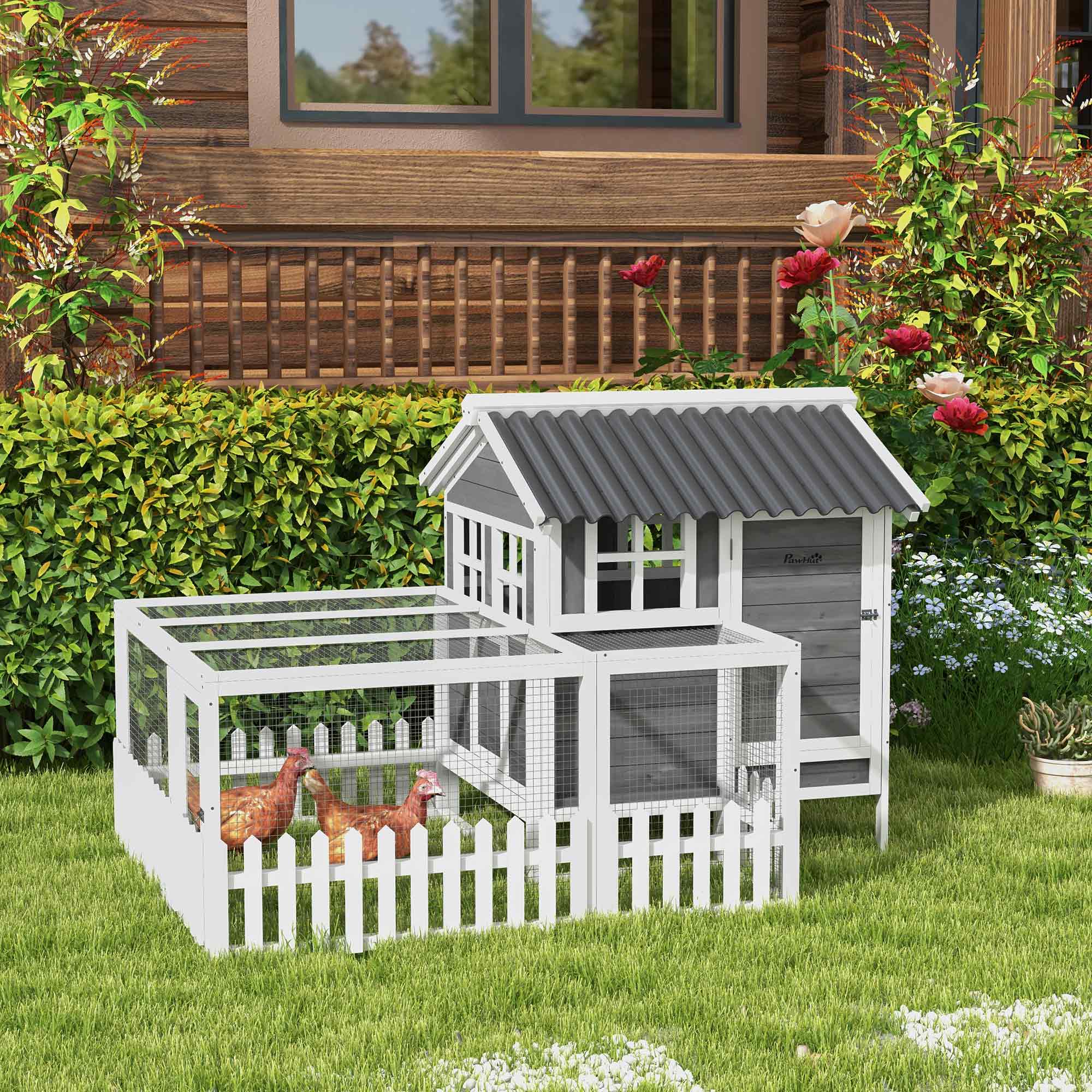 PawHut Wooden Chicken Coop, Outdoor Rabbit Hutch with Run, Tray, Nesting Box, Removable Tray, Fence for 3-4 Chicken, Bunnies, Ducks, Charcoal Grey