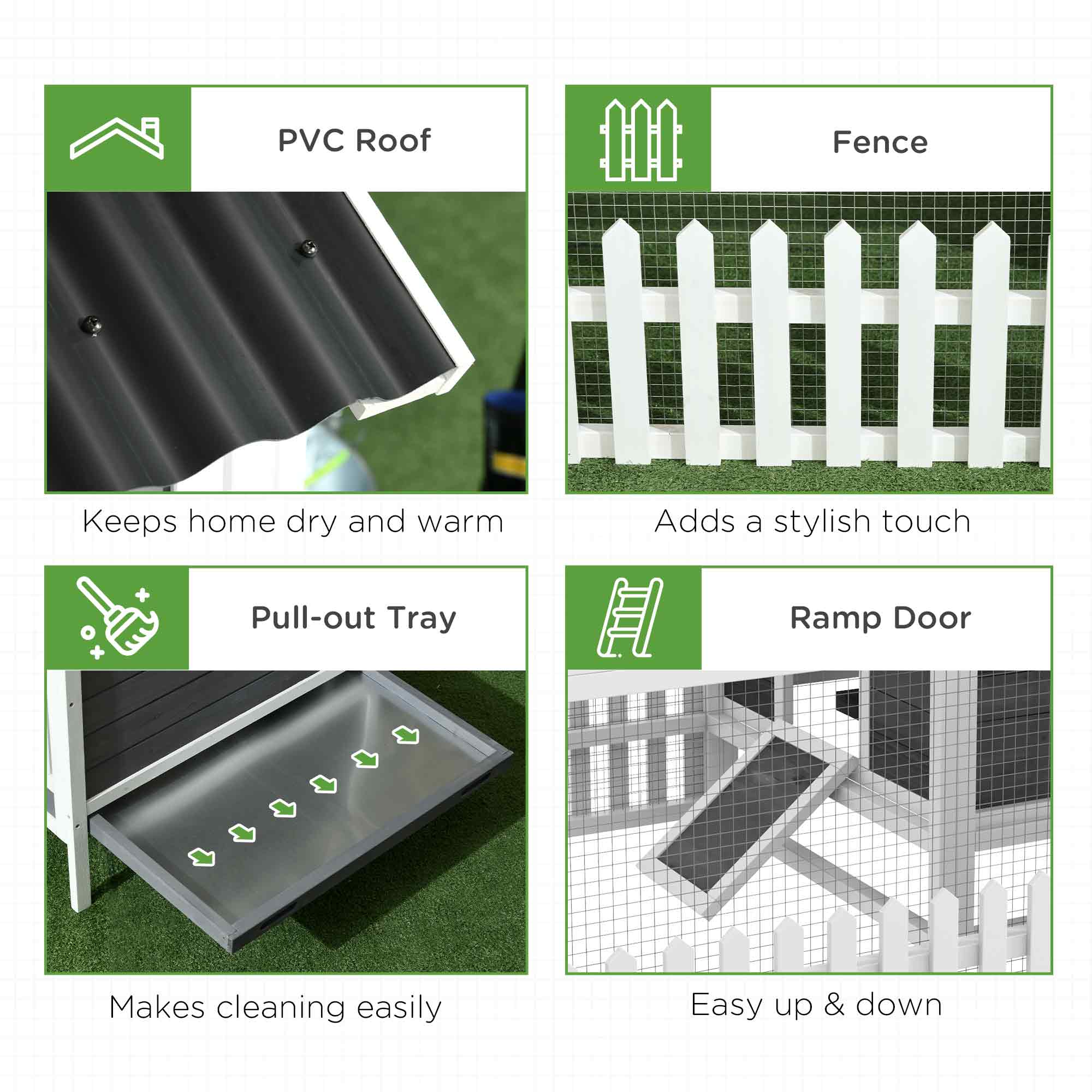 PawHut Wooden Chicken Coop, Outdoor Rabbit Hutch with Run, Tray, Nesting Box, Removable Tray, Fence for 3-4 Chicken, Bunnies, Ducks, Charcoal Grey
