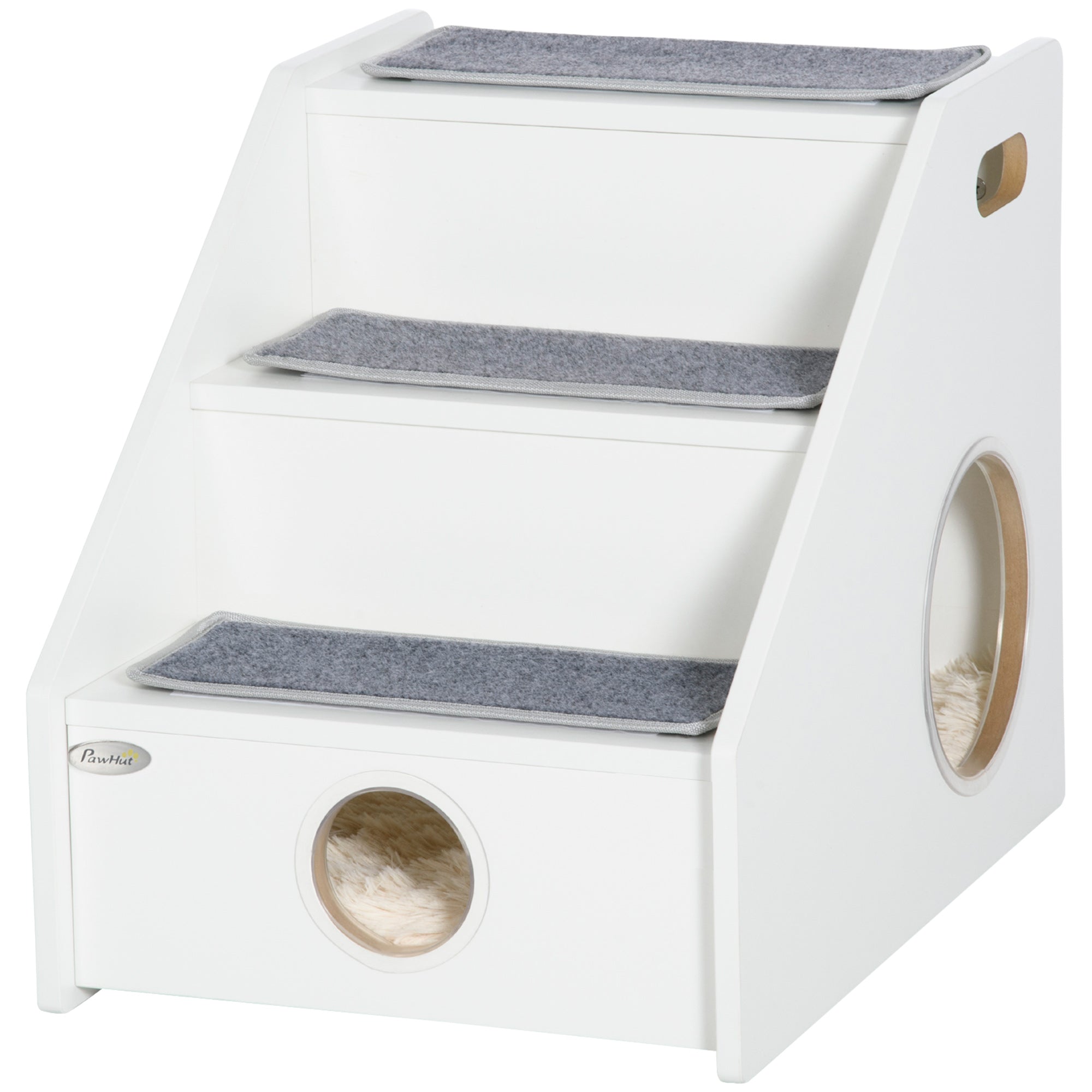 PawHut Pet Stairs for Miniature Dogs Hidden House, Cat Steps for Couch High Bed Sofa, Portable Puppy Stairs for Climbing with Handles, Non-Slip Carpet, Side Holes for Entry, White