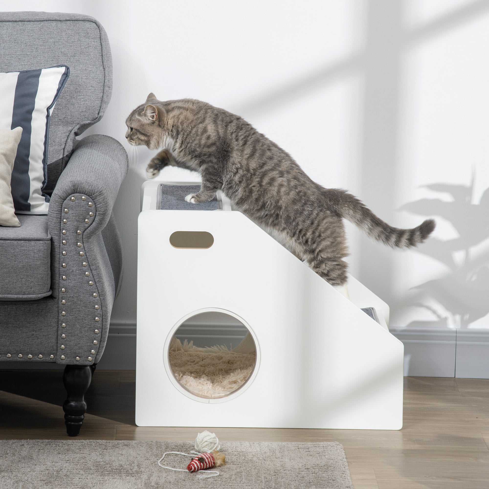 PawHut Pet Stairs for Miniature Dogs Hidden House, Cat Steps for Couch High Bed Sofa, Portable Puppy Stairs for Climbing with Handles, Non-Slip Carpet, Side Holes for Entry, White