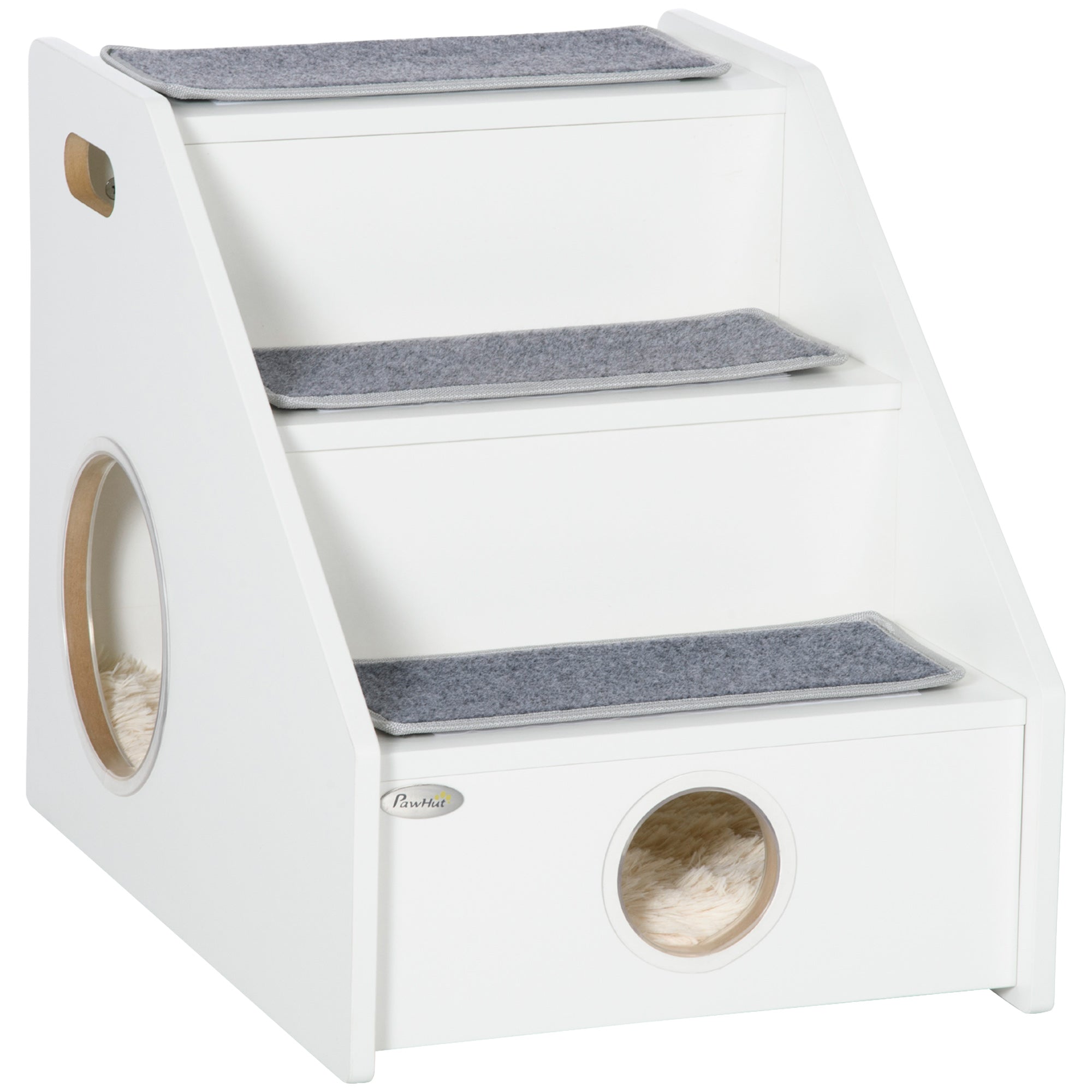 PawHut Pet Stairs for Miniature Dogs Hidden House, Cat Steps for Couch High Bed Sofa, Portable Puppy Stairs for Climbing with Handles, Non-Slip Carpet, Side Holes for Entry, White
