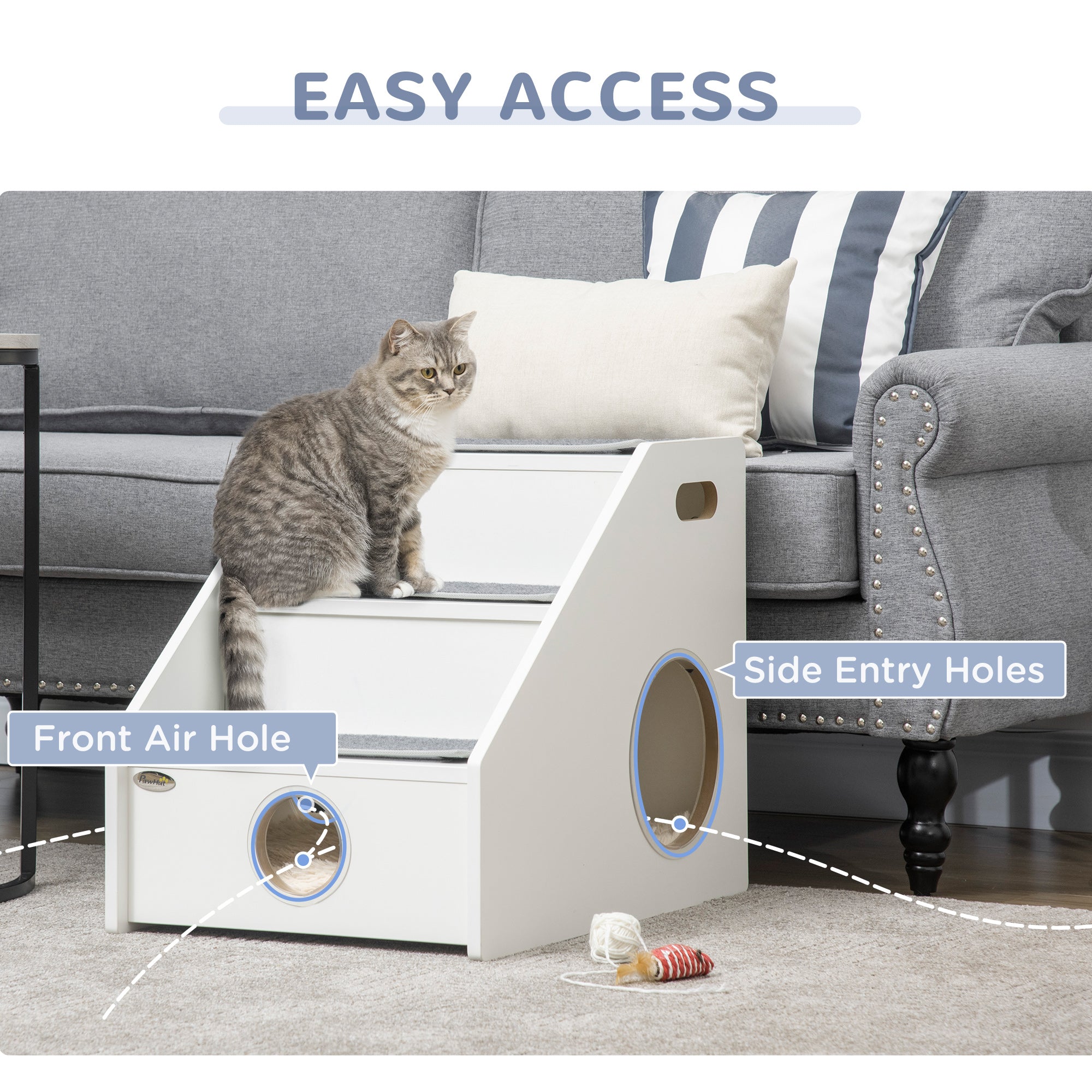 PawHut Pet Stairs for Miniature Dogs Hidden House, Cat Steps for Couch High Bed Sofa, Portable Puppy Stairs for Climbing with Handles, Non-Slip Carpet, Side Holes for Entry, White