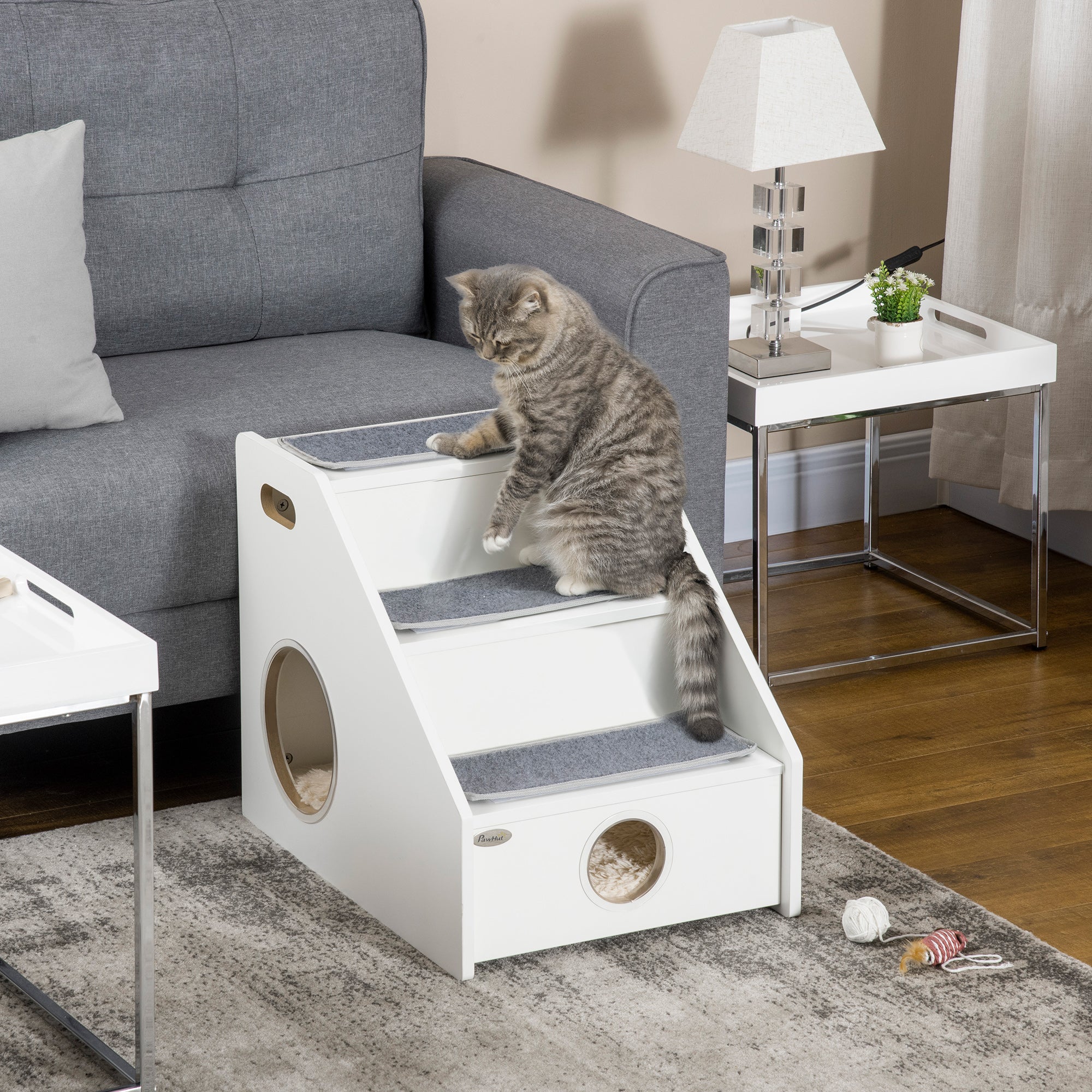 PawHut Pet Stairs for Miniature Dogs Hidden House, Cat Steps for Couch High Bed Sofa, Portable Puppy Stairs for Climbing with Handles, Non-Slip Carpet, Side Holes for Entry, White