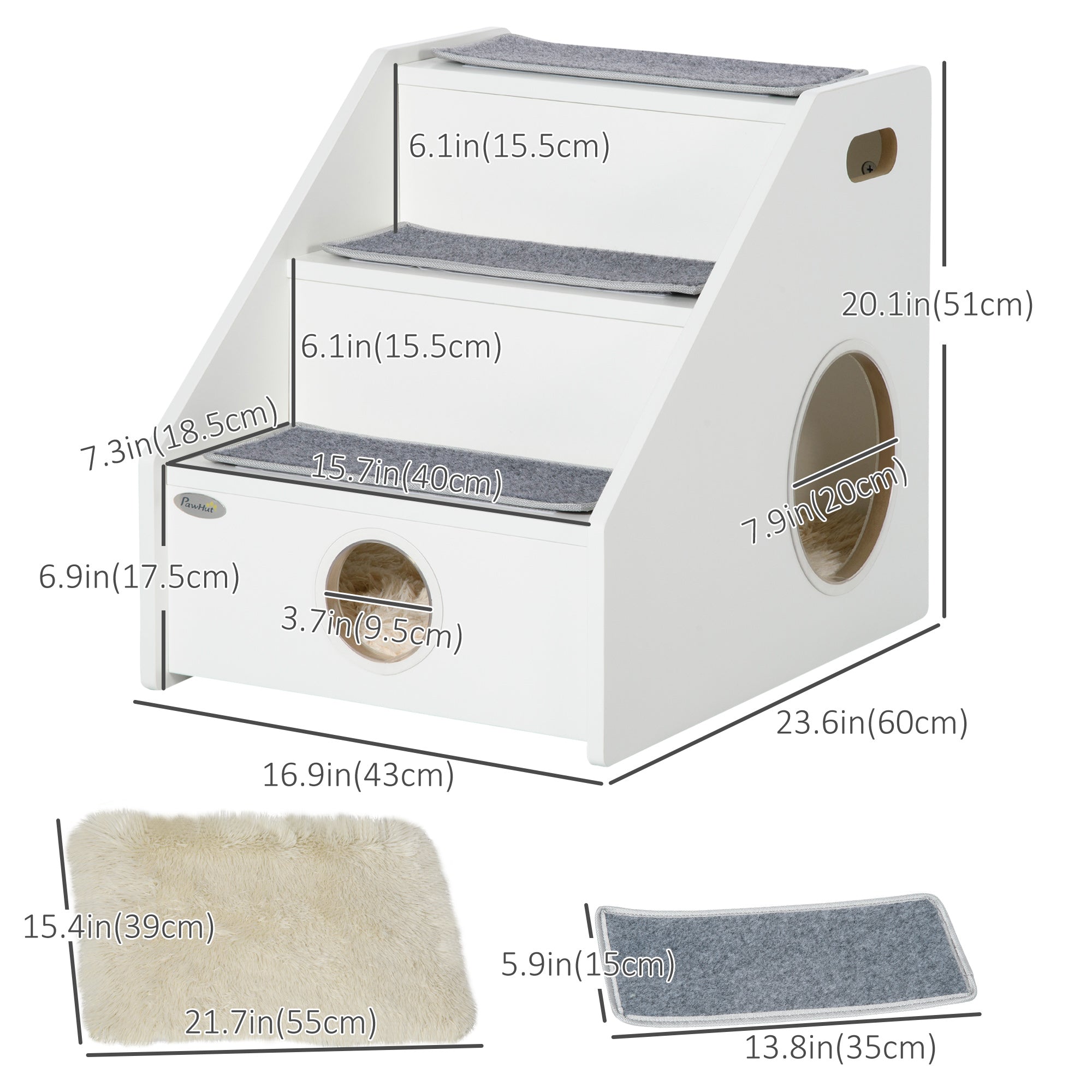 PawHut Pet Stairs for Miniature Dogs Hidden House, Cat Steps for Couch High Bed Sofa, Portable Puppy Stairs for Climbing with Handles, Non-Slip Carpet, Side Holes for Entry, White