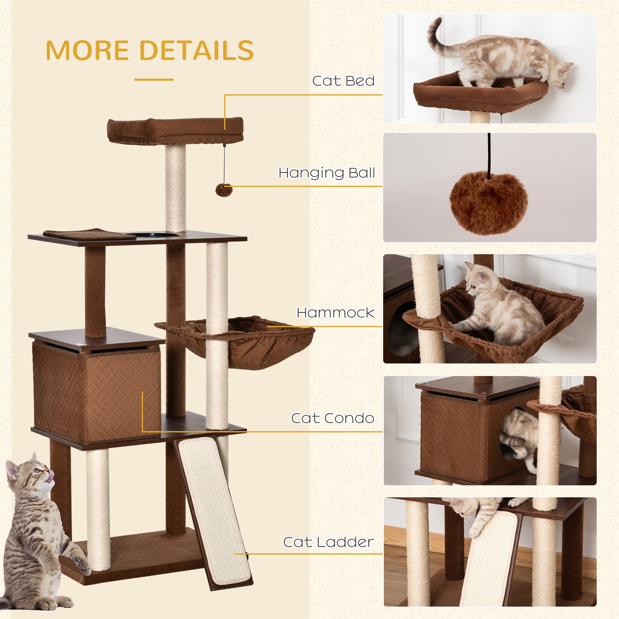 PawHut 58" Cat Tree for Large Cats Adult, Kitty Activity Center with Sisal Scratching Posts, Hammock, Perches Ramp, Hanging Ball, Brown