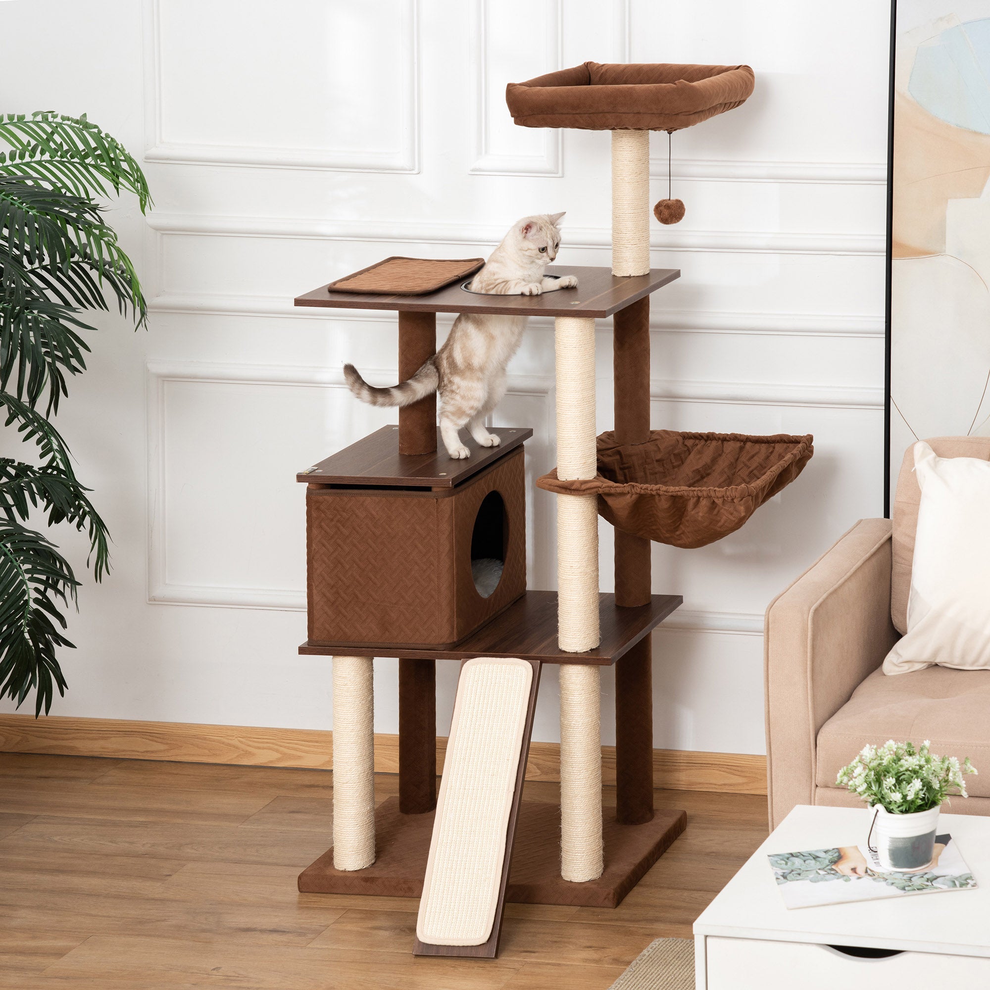 PawHut 58" Cat Tree for Large Cats Adult, Kitty Activity Center with Sisal Scratching Posts, Hammock, Perches Ramp, Hanging Ball, Brown