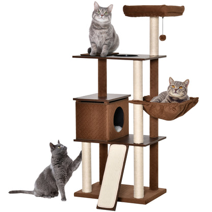 PawHut 58" Cat Tree for Large Cats Adult, Kitty Activity Center with Sisal Scratching Posts, Hammock, Perches Ramp, Hanging Ball, Brown