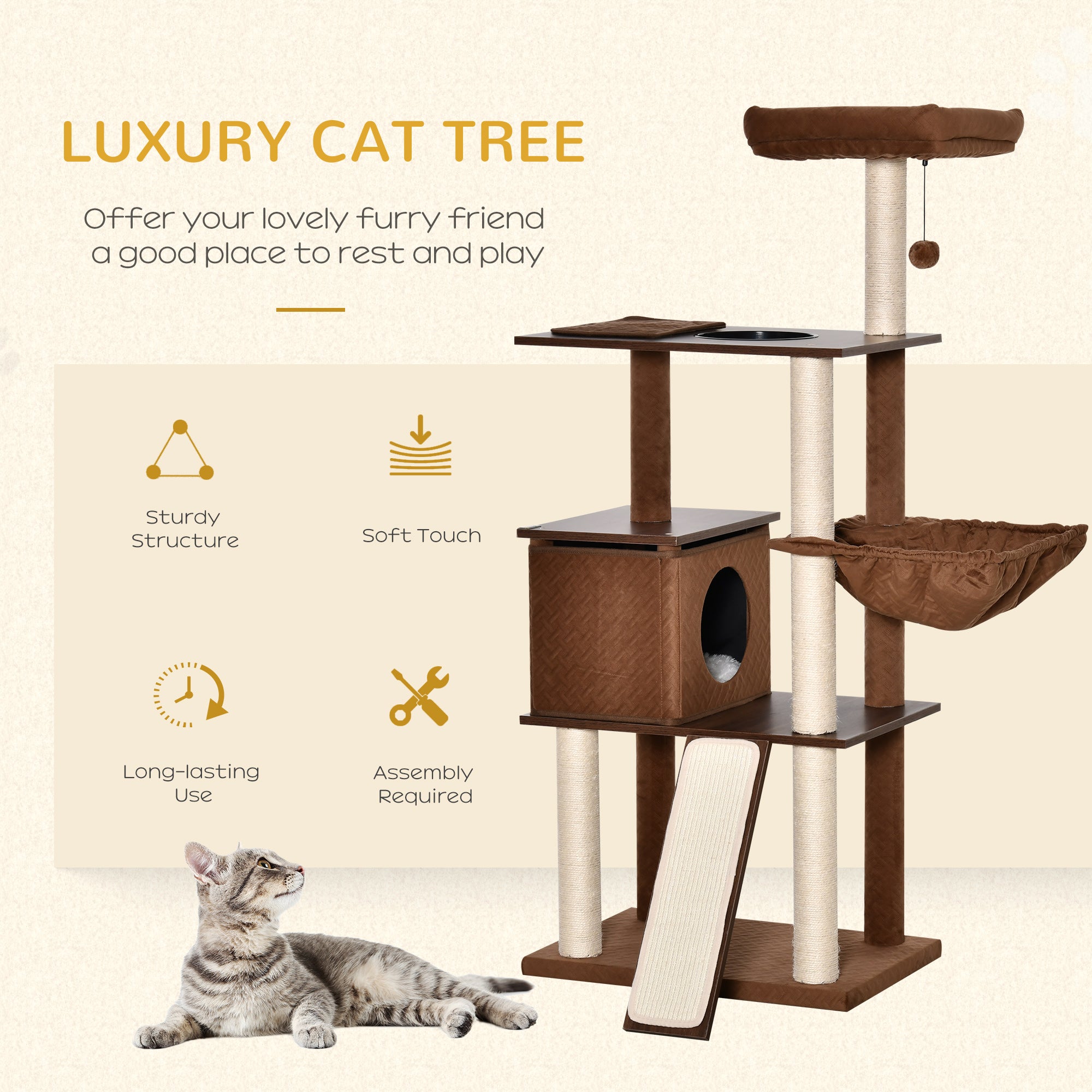 PawHut 58" Cat Tree for Large Cats Adult, Kitty Activity Center with Sisal Scratching Posts, Hammock, Perches Ramp, Hanging Ball, Brown