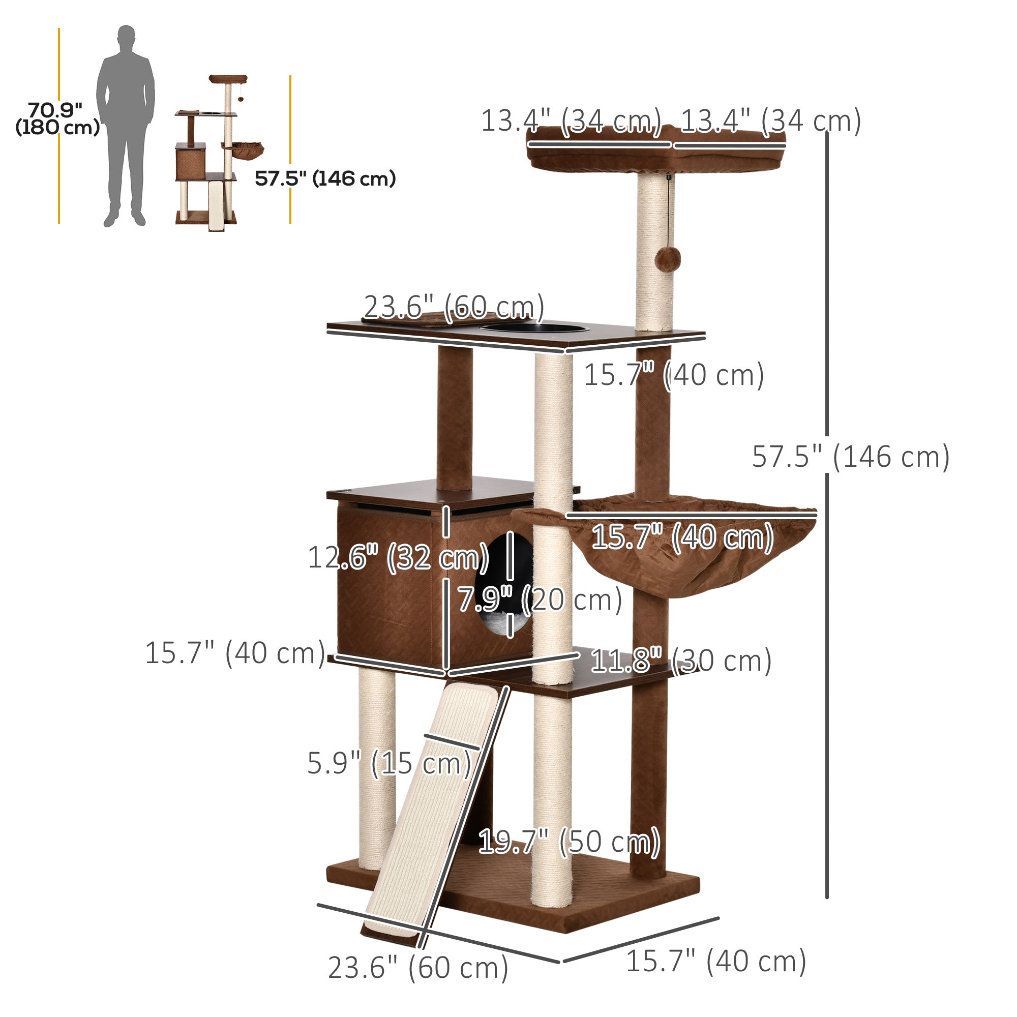 PawHut 58" Cat Tree for Large Cats Adult, Kitty Activity Center with Sisal Scratching Posts, Hammock, Perches Ramp, Hanging Ball, Brown