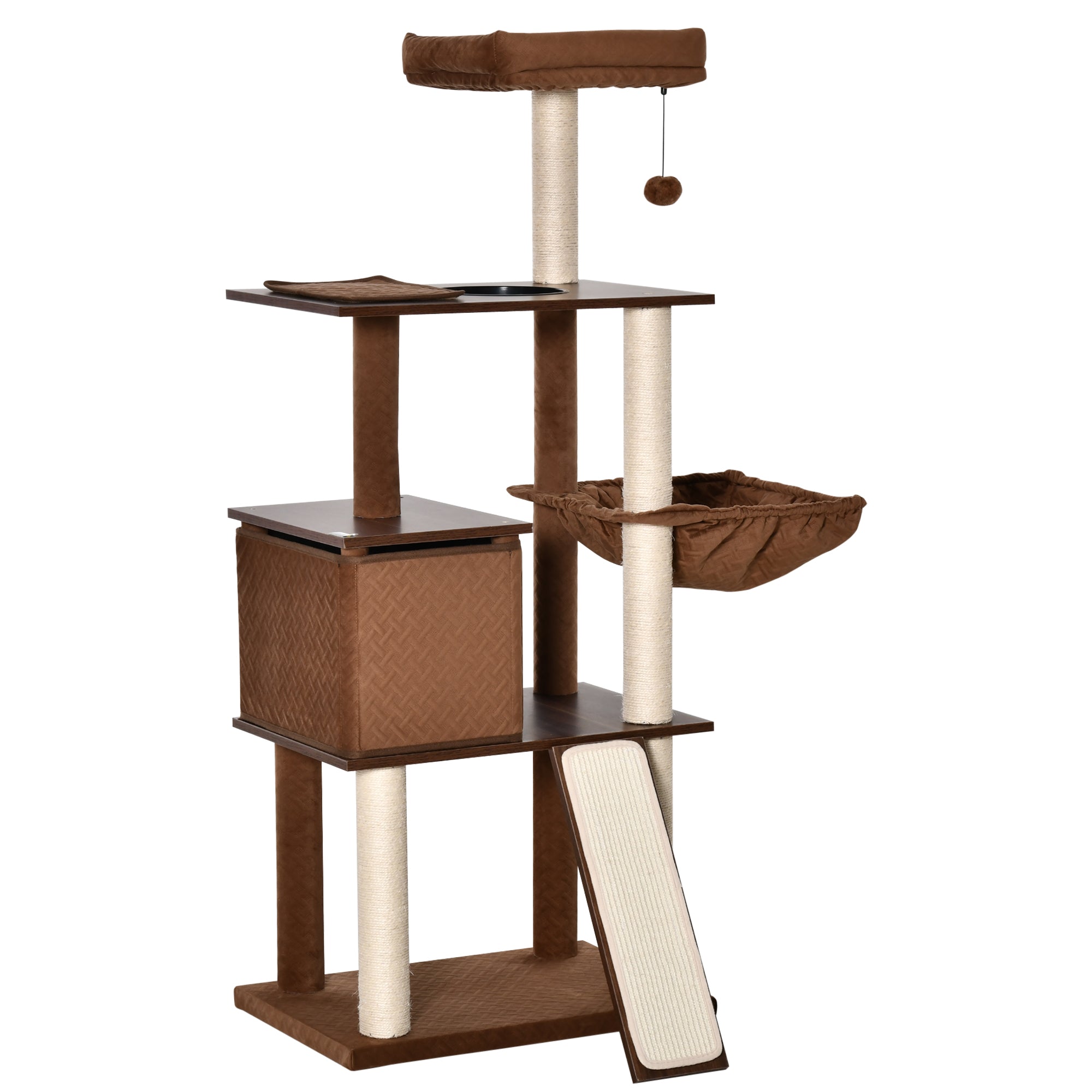PawHut 58" Cat Tree for Large Cats Adult, Kitty Activity Center with Sisal Scratching Posts, Hammock, Perches Ramp, Hanging Ball, Brown