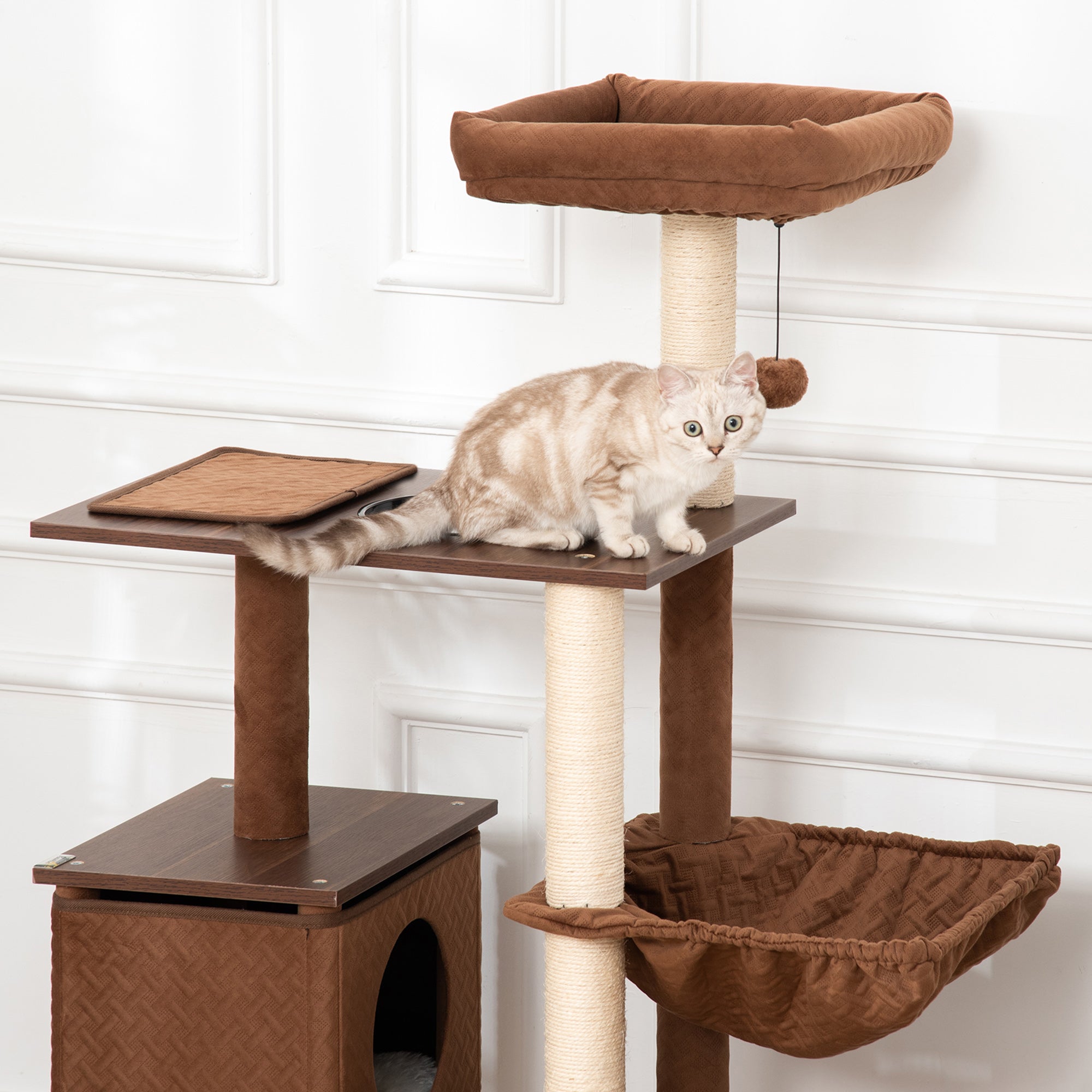 PawHut 58" Cat Tree for Large Cats Adult, Kitty Activity Center with Sisal Scratching Posts, Hammock, Perches Ramp, Hanging Ball, Brown