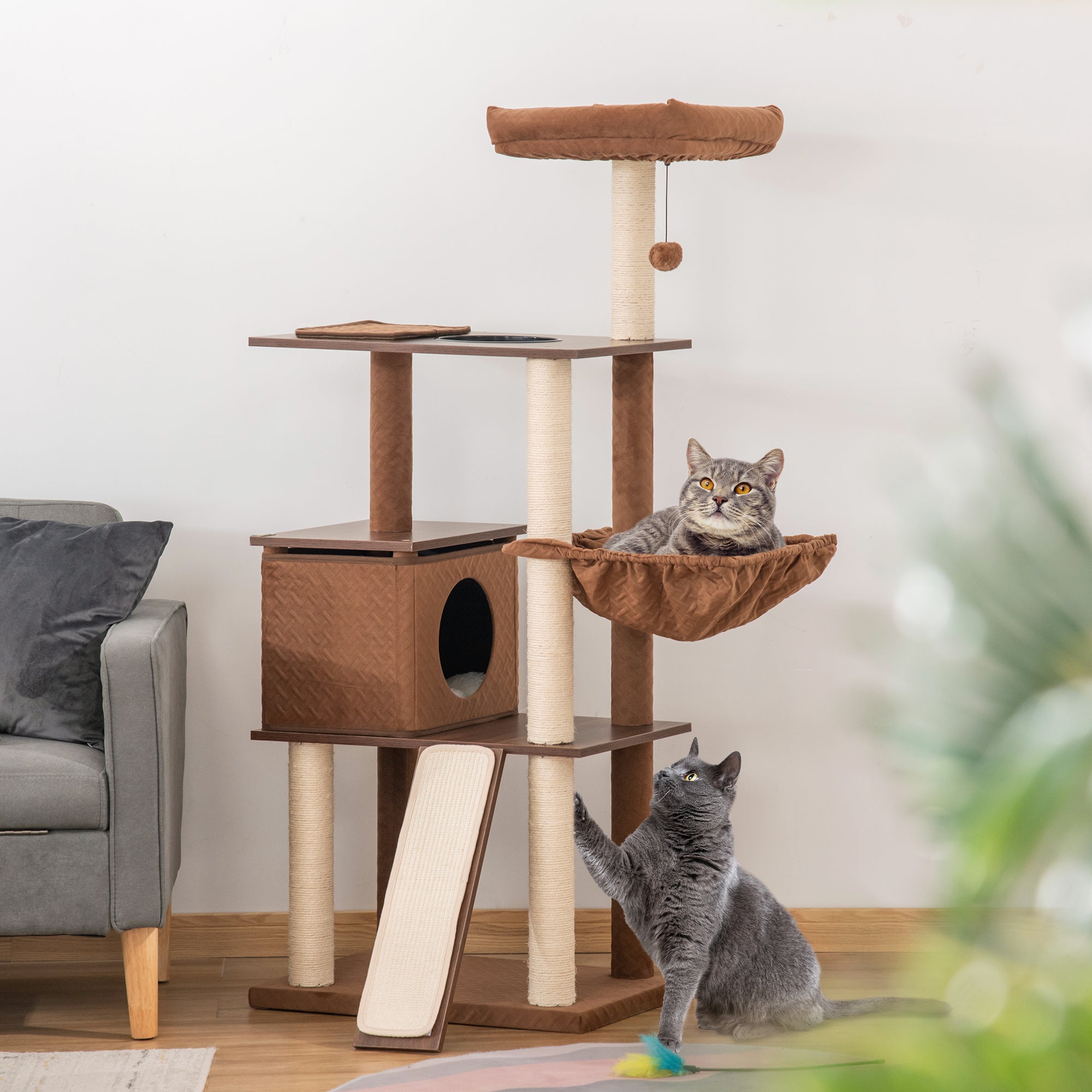 PawHut 58" Cat Tree for Large Cats Adult, Kitty Activity Center with Sisal Scratching Posts, Hammock, Perches Ramp, Hanging Ball, Brown