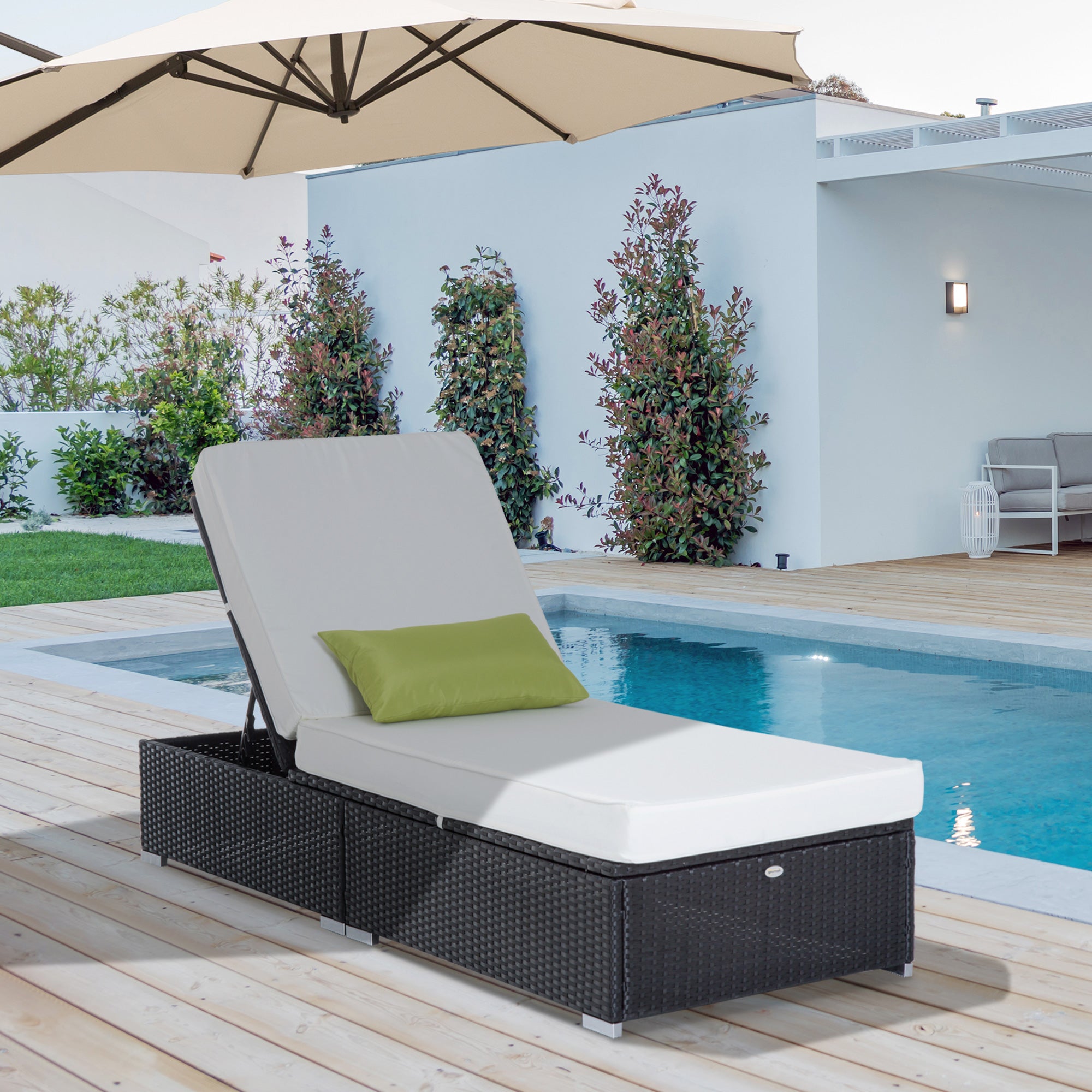 Outsunny Patio Wicker Lounger, Outdoor PE Rattan Single Chaise Lounge, Aluminum Frame Garden Furniture Sun Lounger Bed w/Adjustable Recliner Backrest, Cushion, & Pillow, Cream