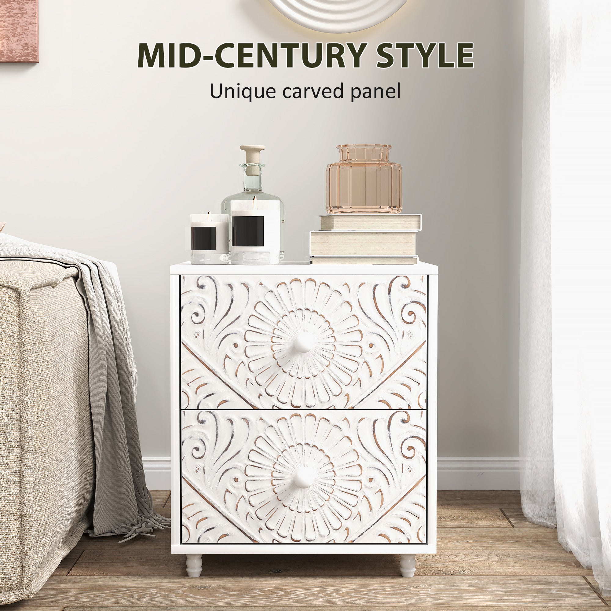 HOMCOM Nightstand, Small Bedside Table with 2 Drawers, Mid-Century Style Side End Table for Bedroom, White