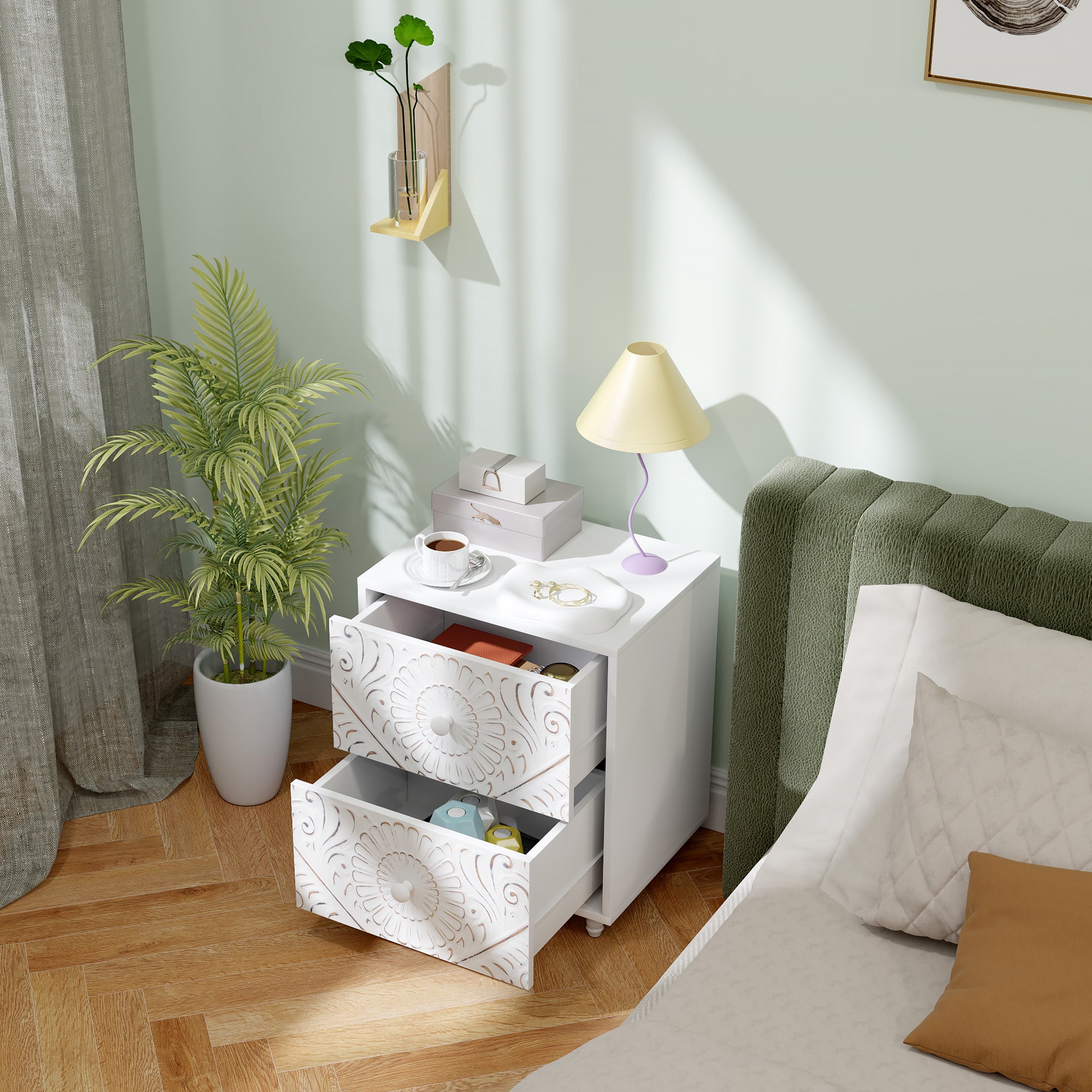 HOMCOM Nightstand, Small Bedside Table with 2 Drawers, Mid-Century Style Side End Table for Bedroom, White