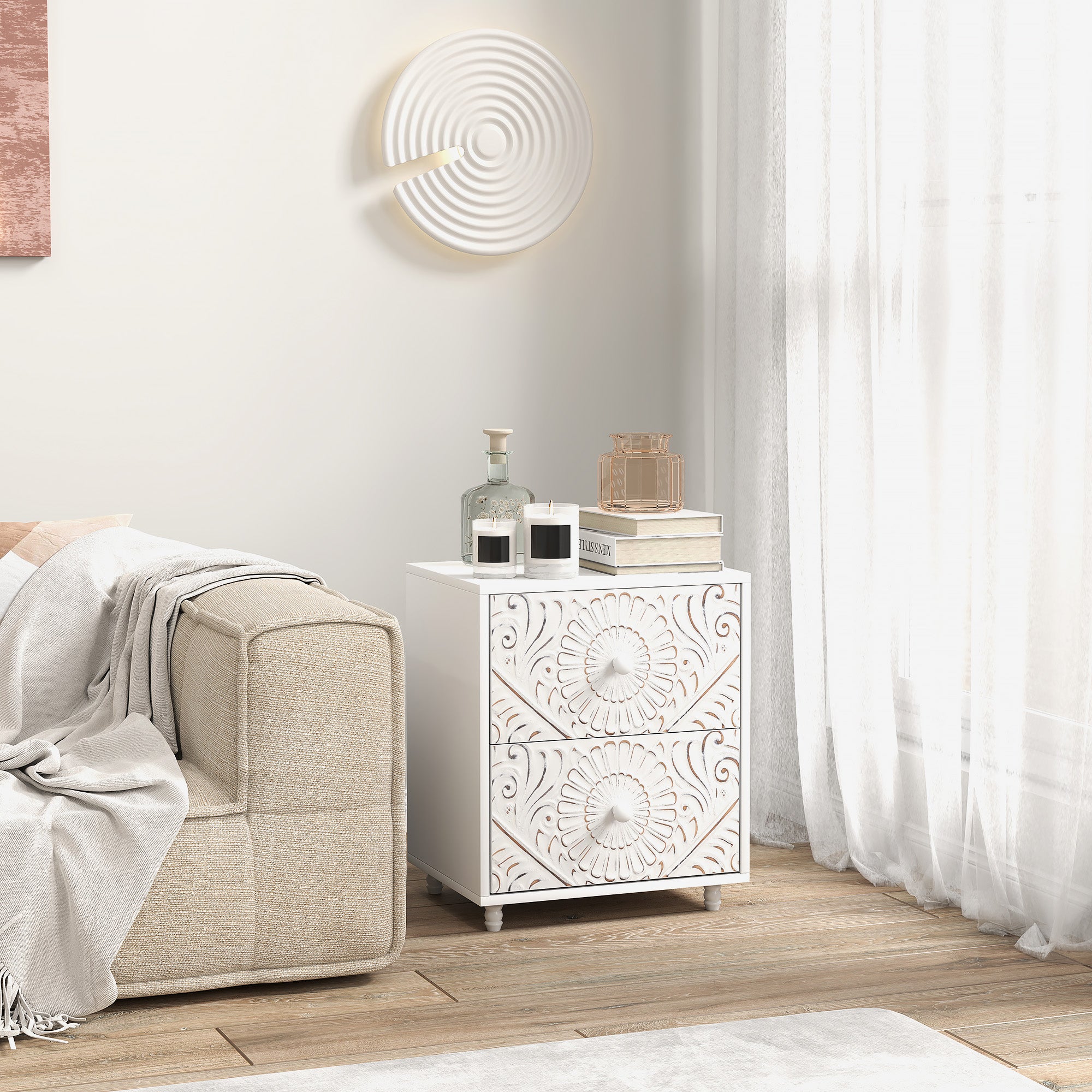 HOMCOM Nightstand, Small Bedside Table with 2 Drawers, Mid-Century Style Side End Table for Bedroom, White