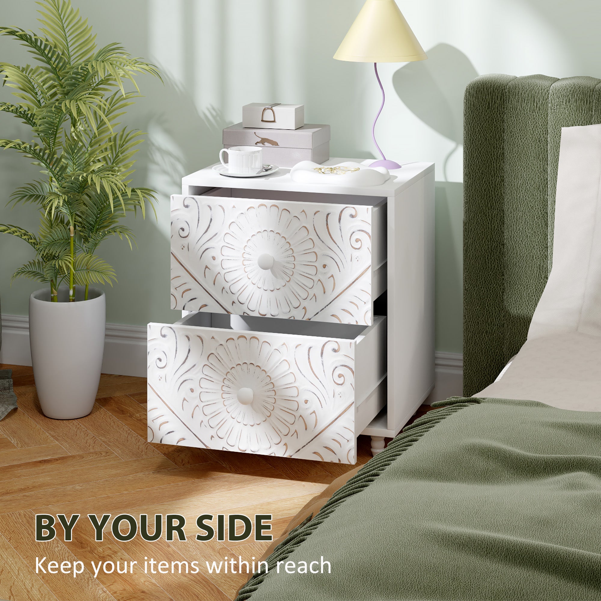 HOMCOM Nightstand, Small Bedside Table with 2 Drawers, Mid-Century Style Side End Table for Bedroom, White