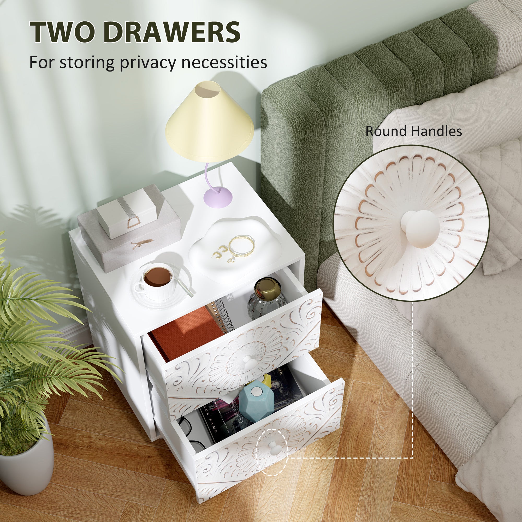 HOMCOM Nightstand, Small Bedside Table with 2 Drawers, Mid-Century Style Side End Table for Bedroom, White