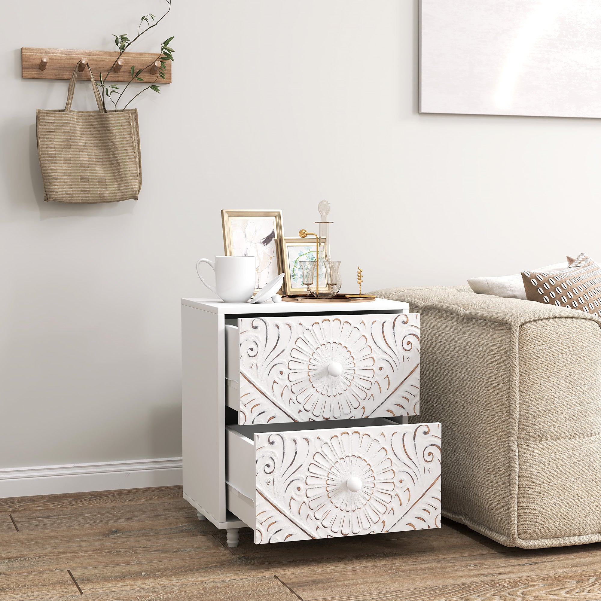 HOMCOM Nightstand, Small Bedside Table with 2 Drawers, Mid-Century Style Side End Table for Bedroom, White