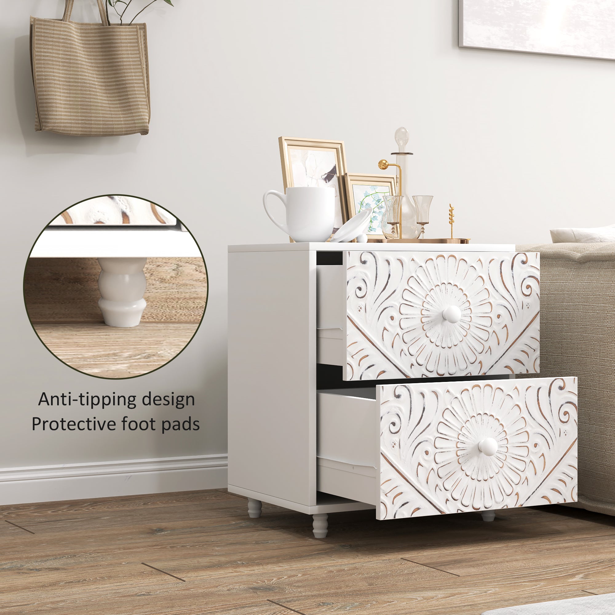 HOMCOM Nightstand, Small Bedside Table with 2 Drawers, Mid-Century Style Side End Table for Bedroom, White