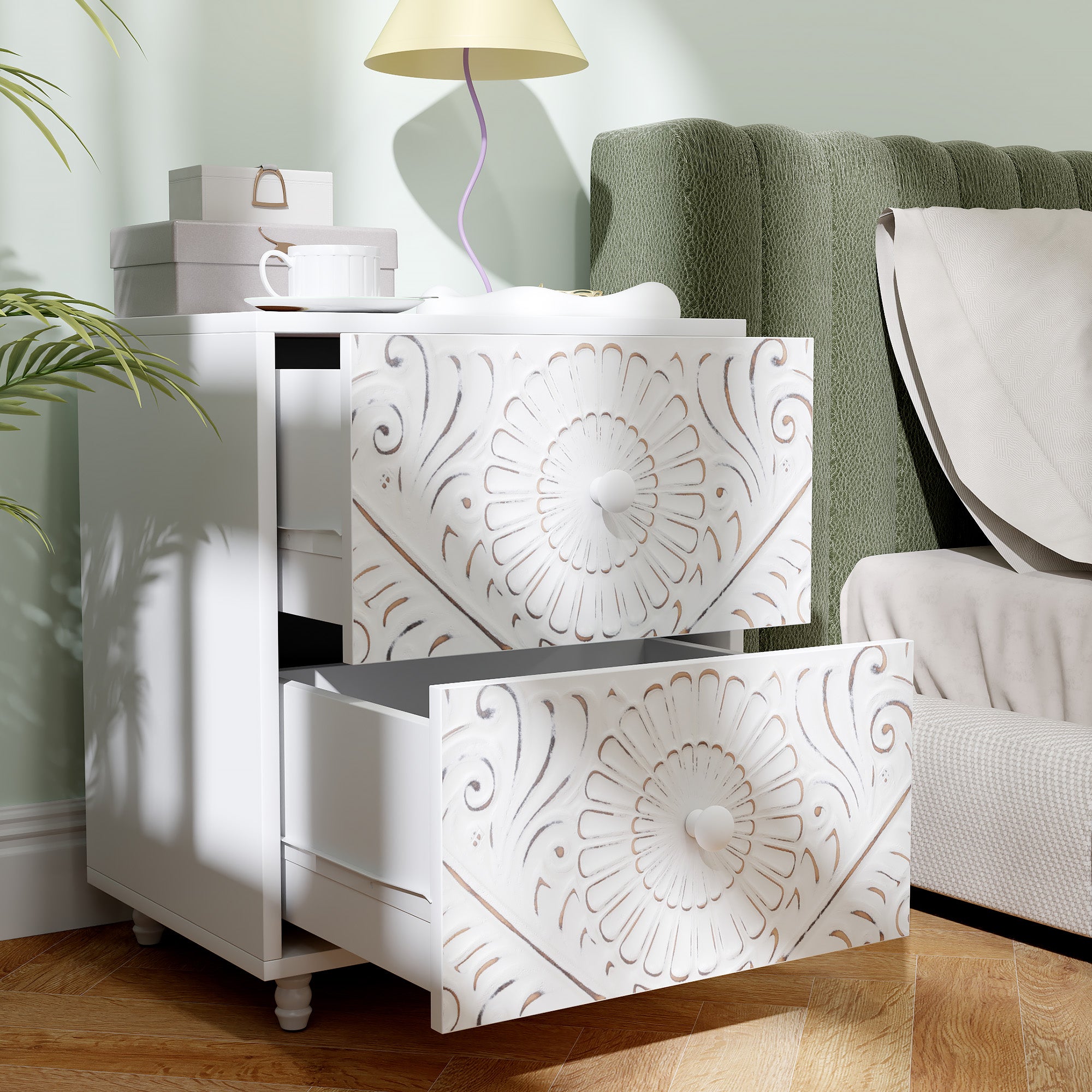 HOMCOM Nightstand, Small Bedside Table with 2 Drawers, Mid-Century Style Side End Table for Bedroom, White