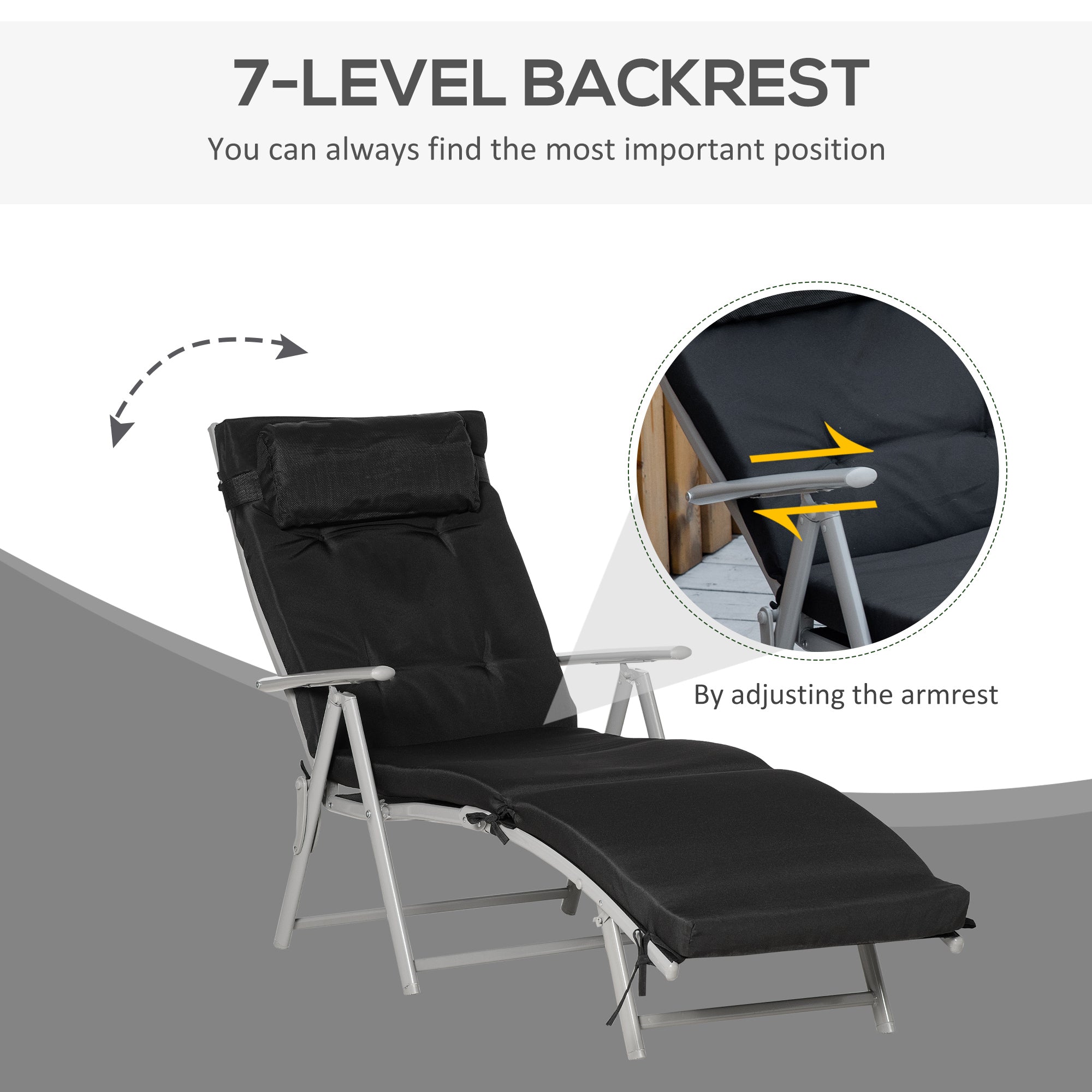 Outsunny Outdoor Folding Chaise Lounge Chair Recliner with Portable Design, Adjustable Backrest, Cushion and Headrest, Black