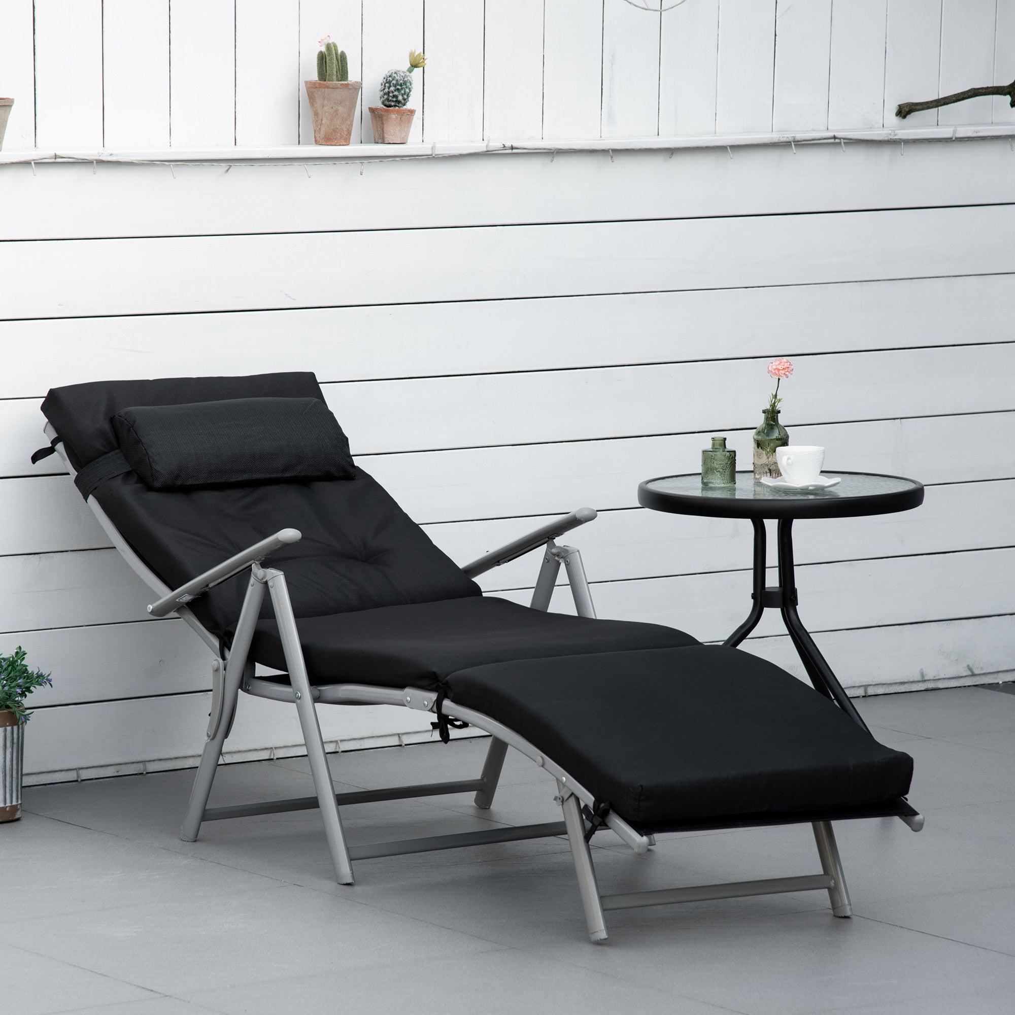 Outsunny Outdoor Folding Chaise Lounge Chair Recliner with Portable Design, Adjustable Backrest, Cushion and Headrest, Black