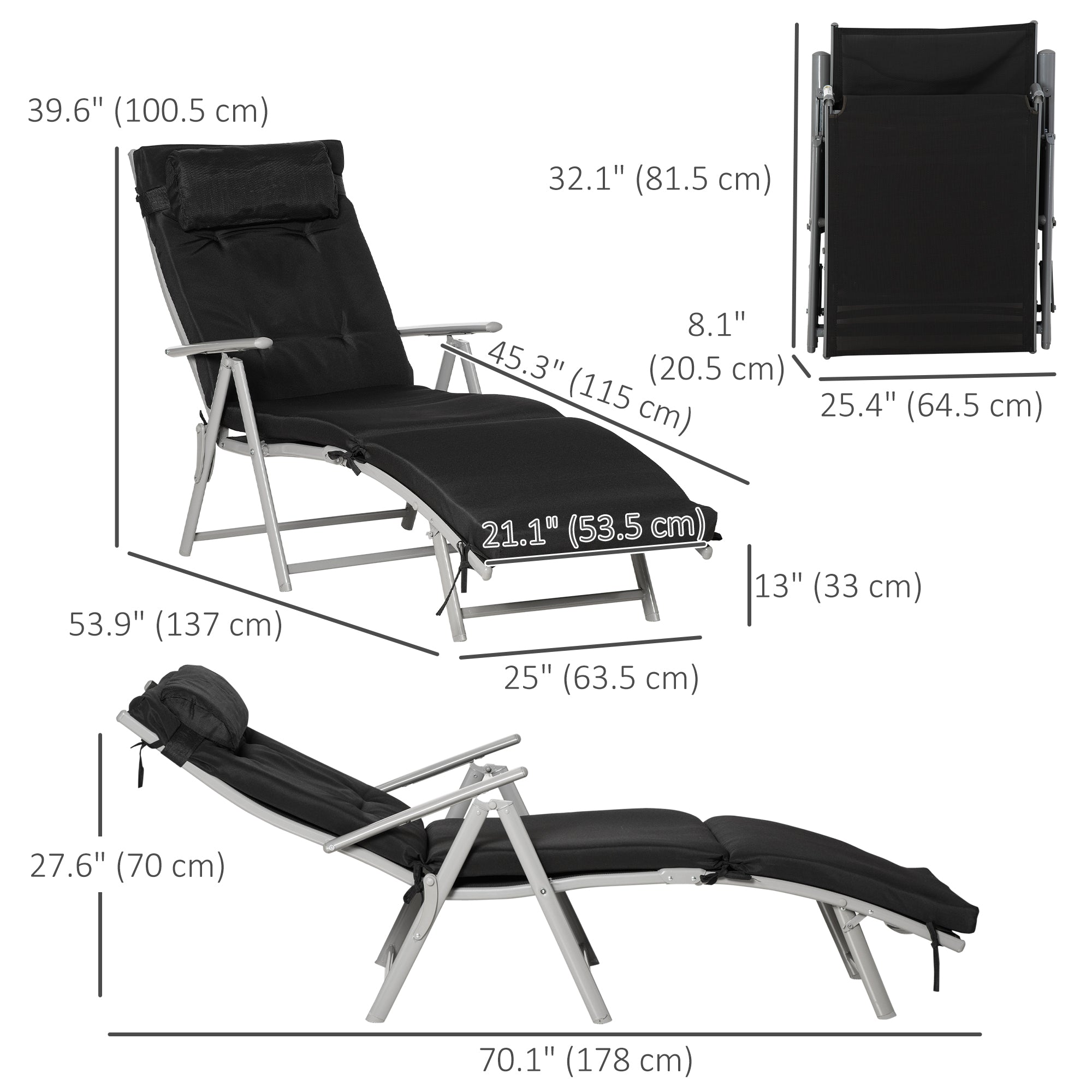 Outsunny Outdoor Folding Chaise Lounge Chair Recliner with Portable Design, Adjustable Backrest, Cushion and Headrest, Black