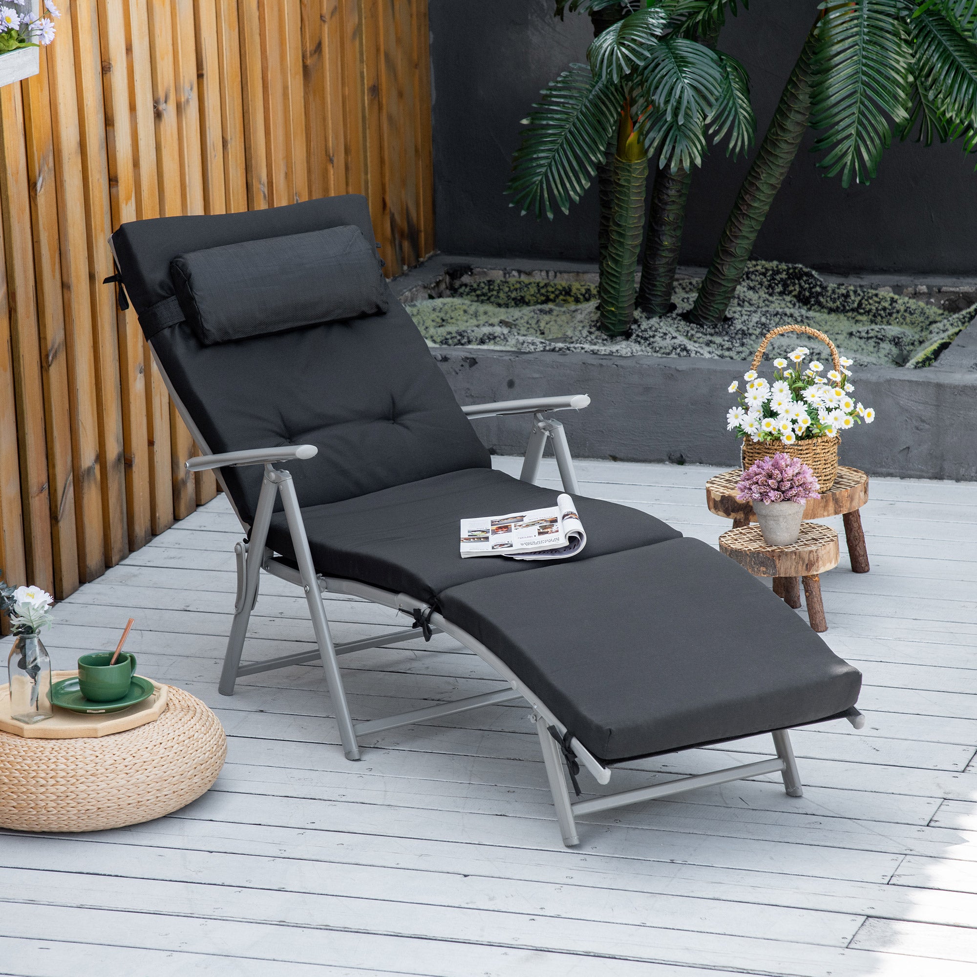 Outsunny Outdoor Folding Chaise Lounge Chair Recliner with Portable Design, Adjustable Backrest, Cushion and Headrest, Black
