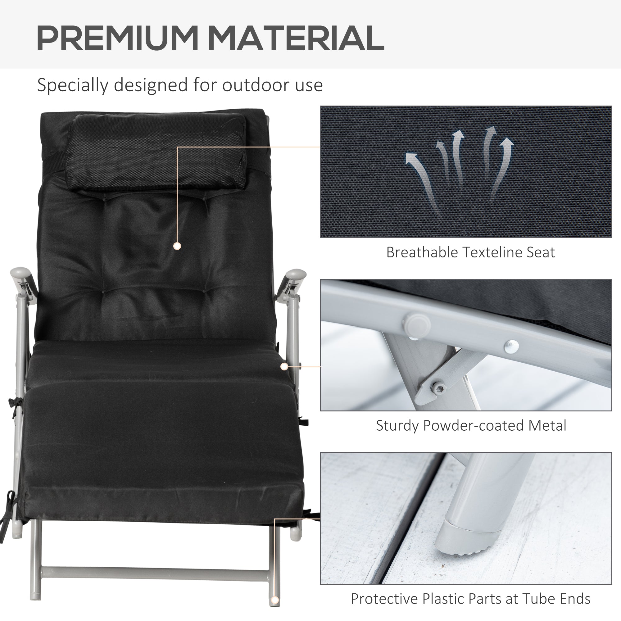 Outsunny Outdoor Folding Chaise Lounge Chair Recliner with Portable Design, Adjustable Backrest, Cushion and Headrest, Black