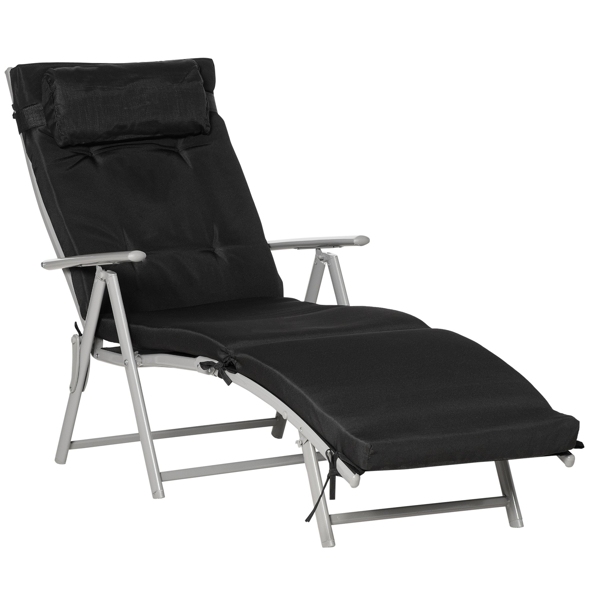 Outsunny Outdoor Folding Chaise Lounge Chair Recliner with Portable Design, Adjustable Backrest, Cushion and Headrest, Black