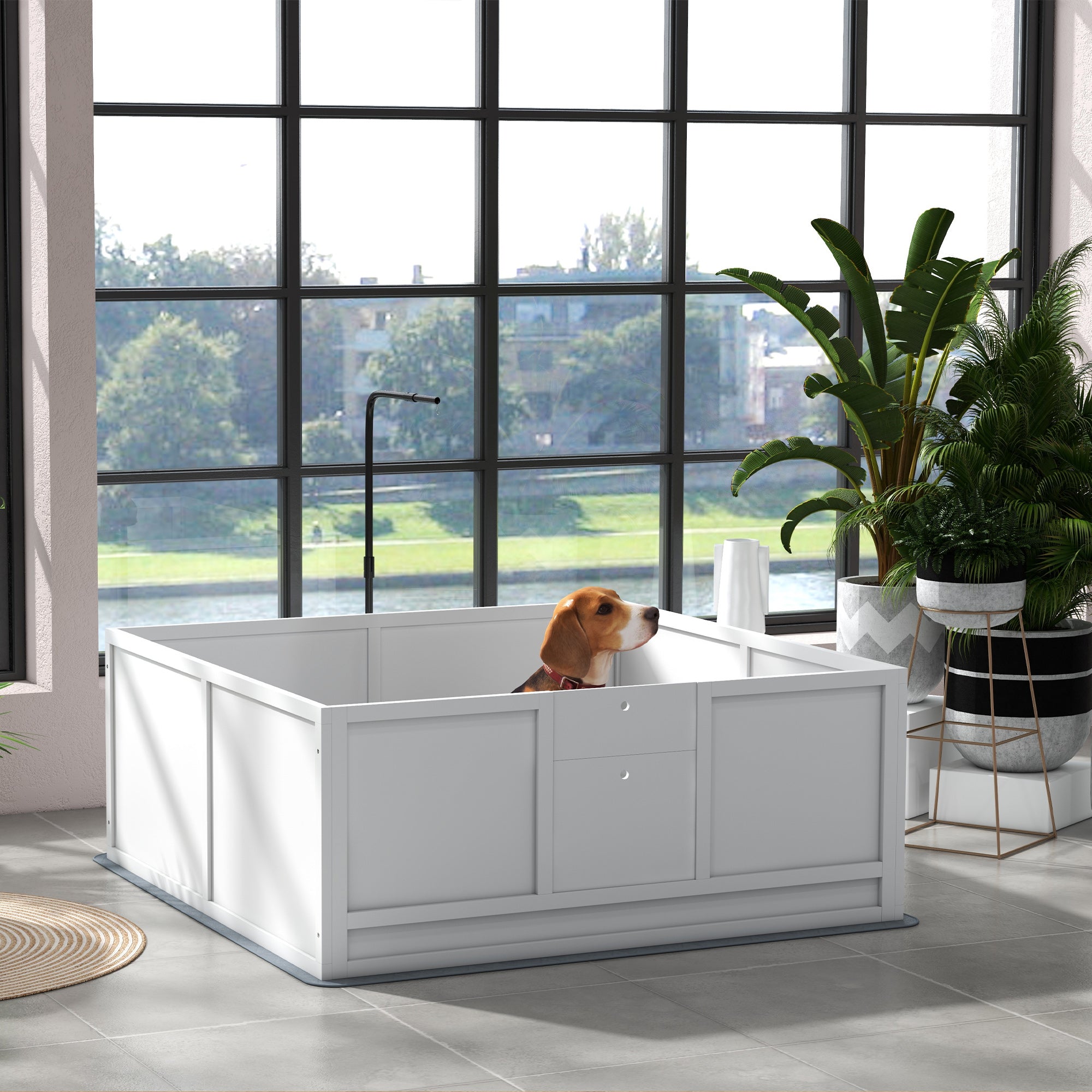 PawHut Whelping Box for Dogs, Puppy Playpen with Retractable Light Stand, Washable Pee Pads, Rail, Adjustable Height Door for Small, Medium & Large Breed Dogs, 49" x 47"