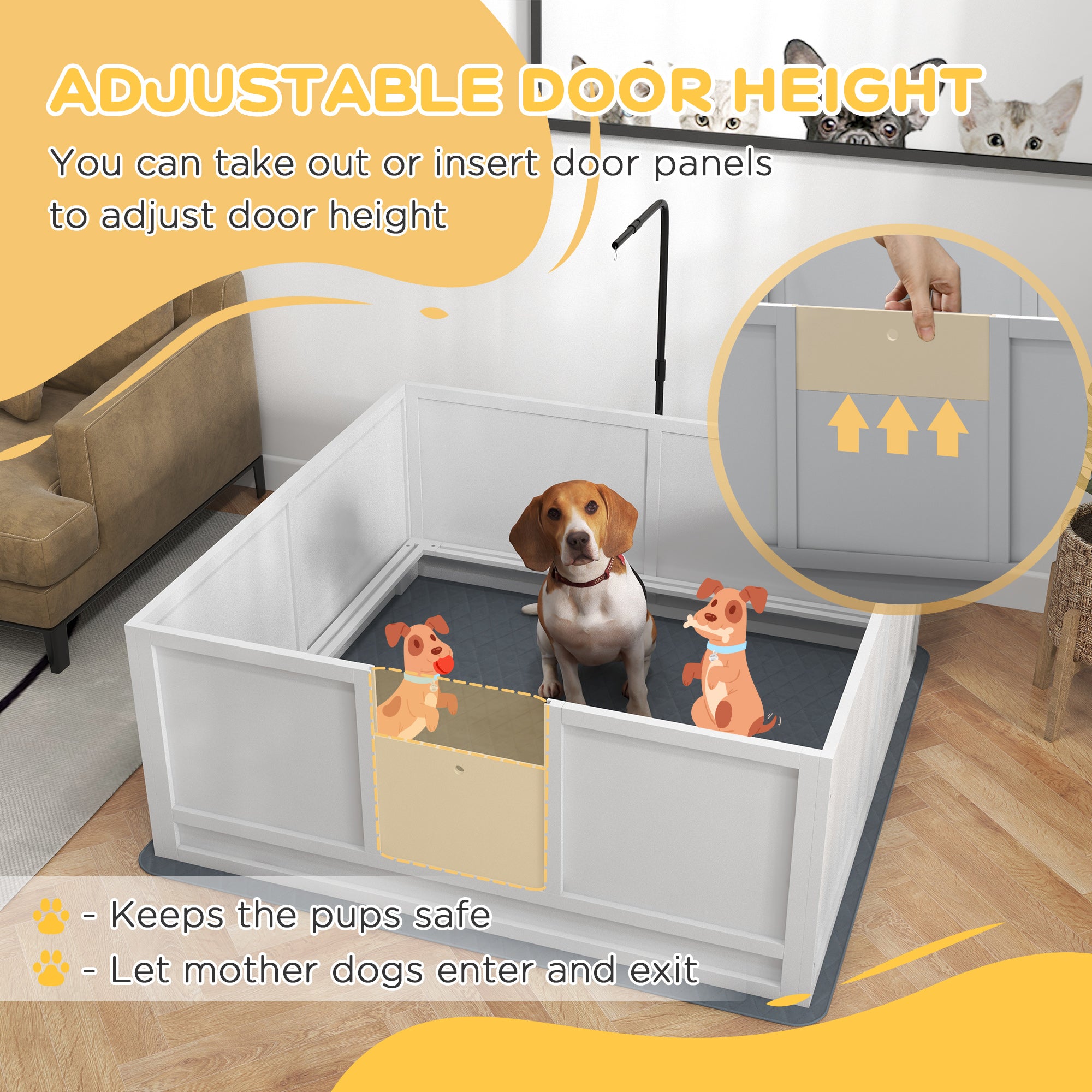 PawHut Whelping Box for Dogs, Puppy Playpen with Retractable Light Stand, Washable Pee Pads, Rail, Adjustable Height Door for Small, Medium & Large Breed Dogs, 49" x 47"