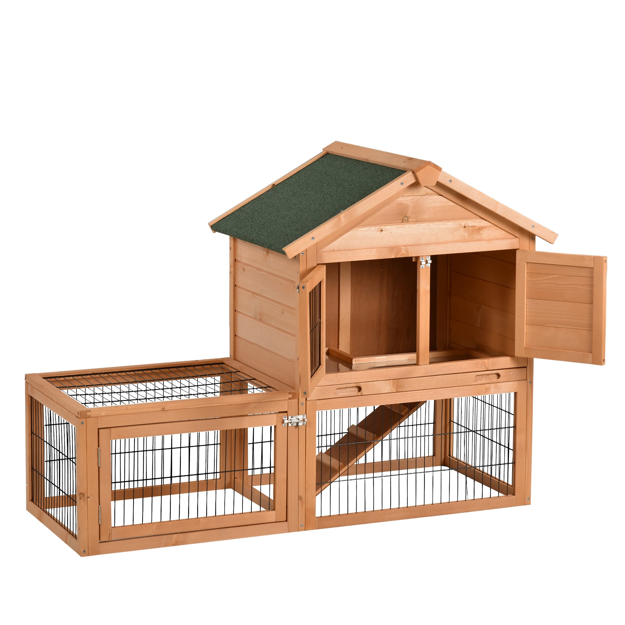 PawHut Wood Rabbit Hutch Bunny Small Animal House w/ Outdoor Run Portable Backyard Wooden with Outdoor Run