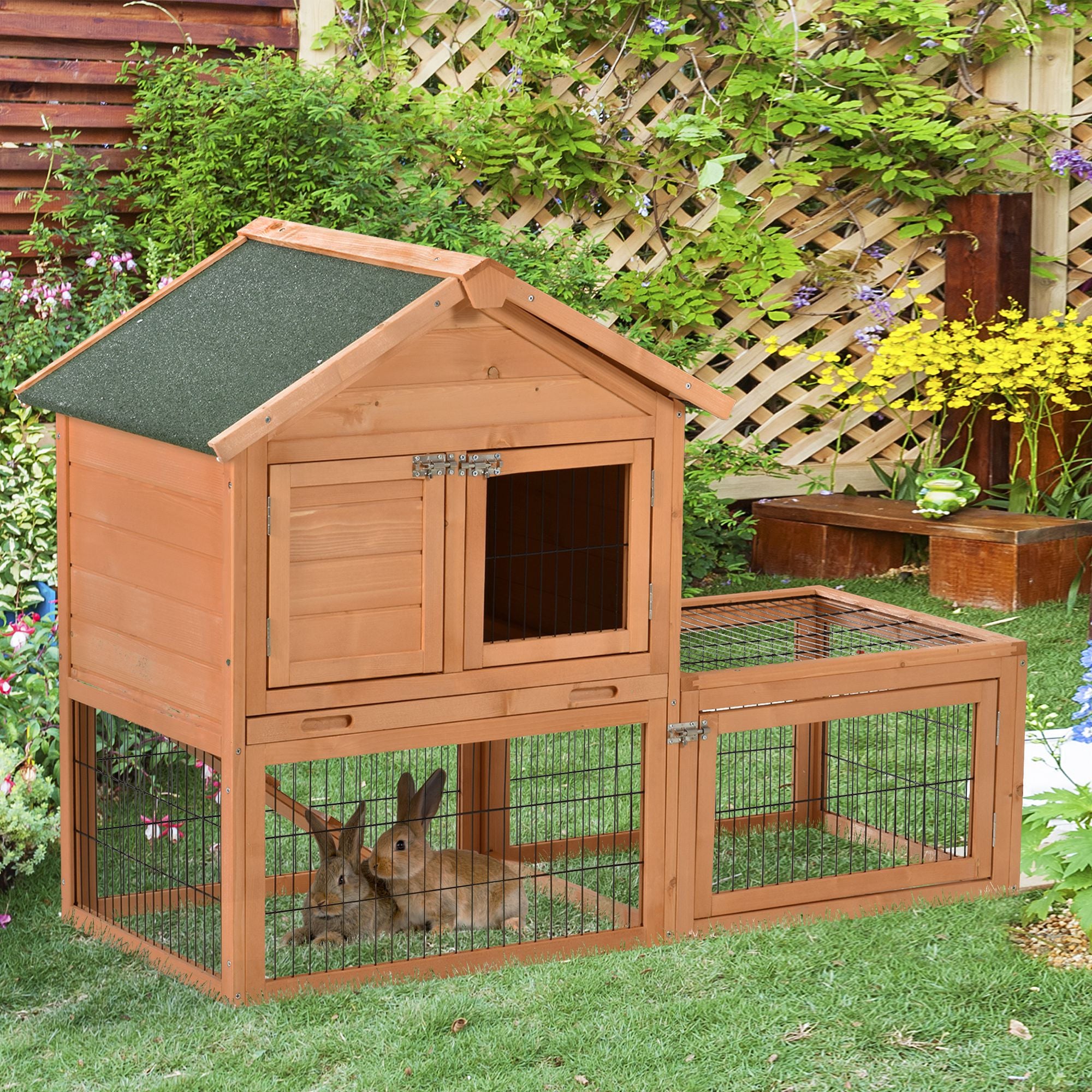 PawHut Wood Rabbit Hutch Bunny Small Animal House w/ Outdoor Run Portable Backyard Wooden with Outdoor Run