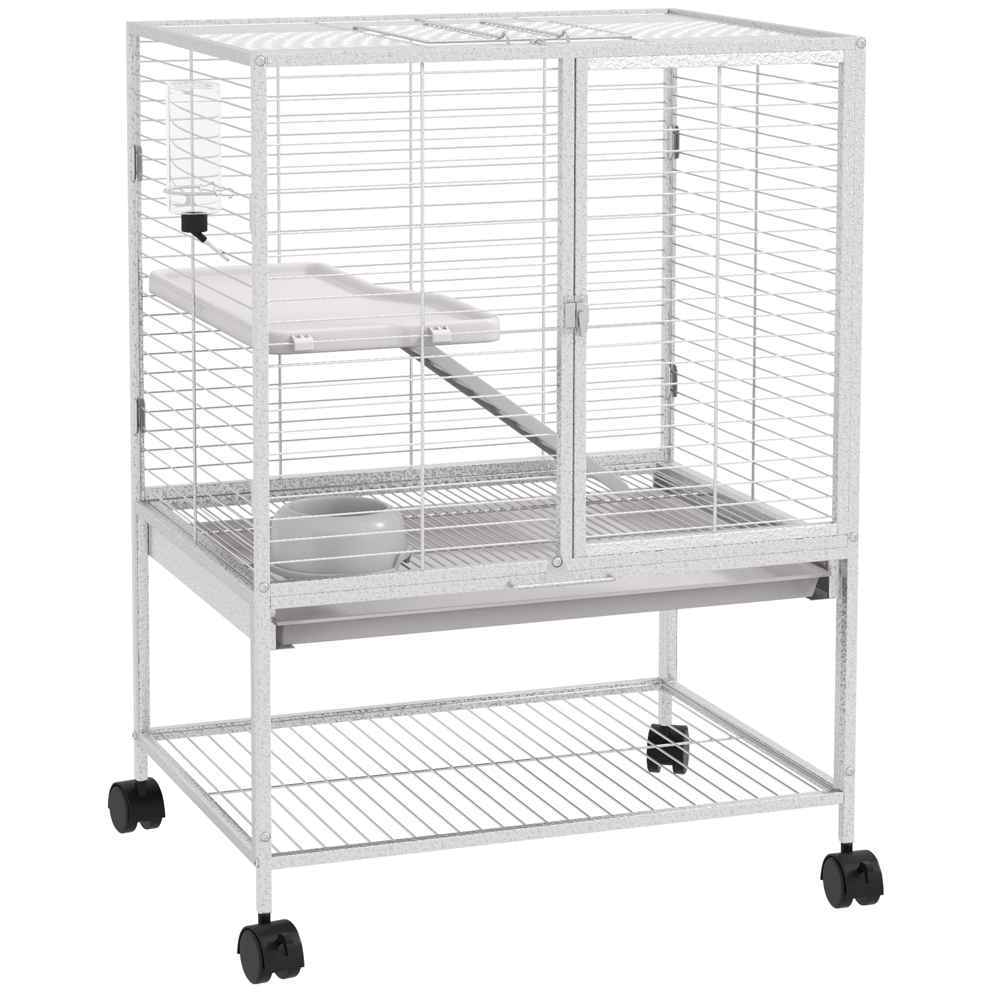 PawHut Small Animal Cage with Wheels, Pet Playpen for Rat, Kitten, Ferrets, Chinchillas with Bottom Storage Shelf, Removable Tray, Ramp, 24.2" x 17.9" x 33.9", Light Grey