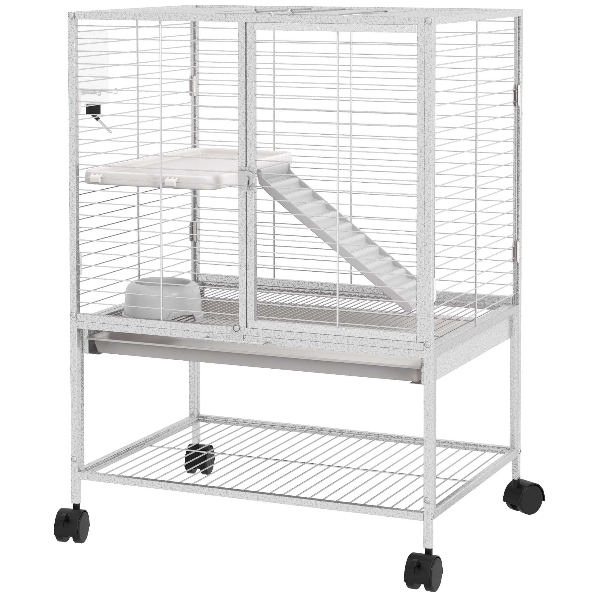 PawHut Small Animal Cage with Wheels, Pet Playpen for Rat, Kitten, Ferrets, Chinchillas with Bottom Storage Shelf, Removable Tray, Ramp, 24.2" x 17.9" x 33.9", Light Grey