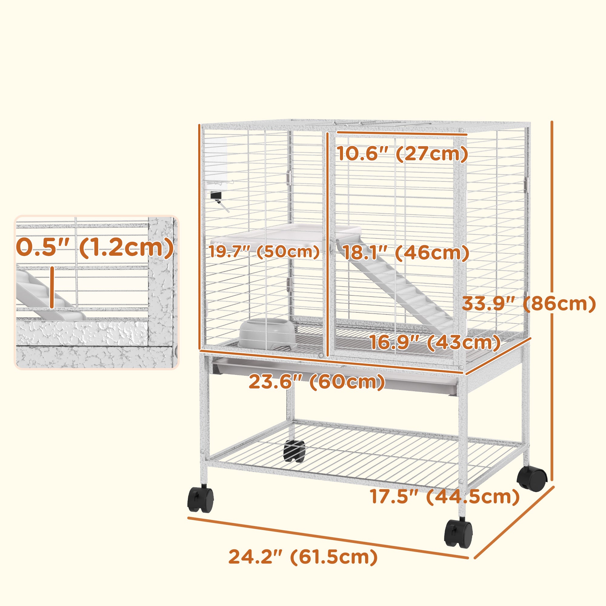 PawHut Small Animal Cage with Wheels, Pet Playpen for Rat, Kitten, Ferrets, Chinchillas with Bottom Storage Shelf, Removable Tray, Ramp, 24.2