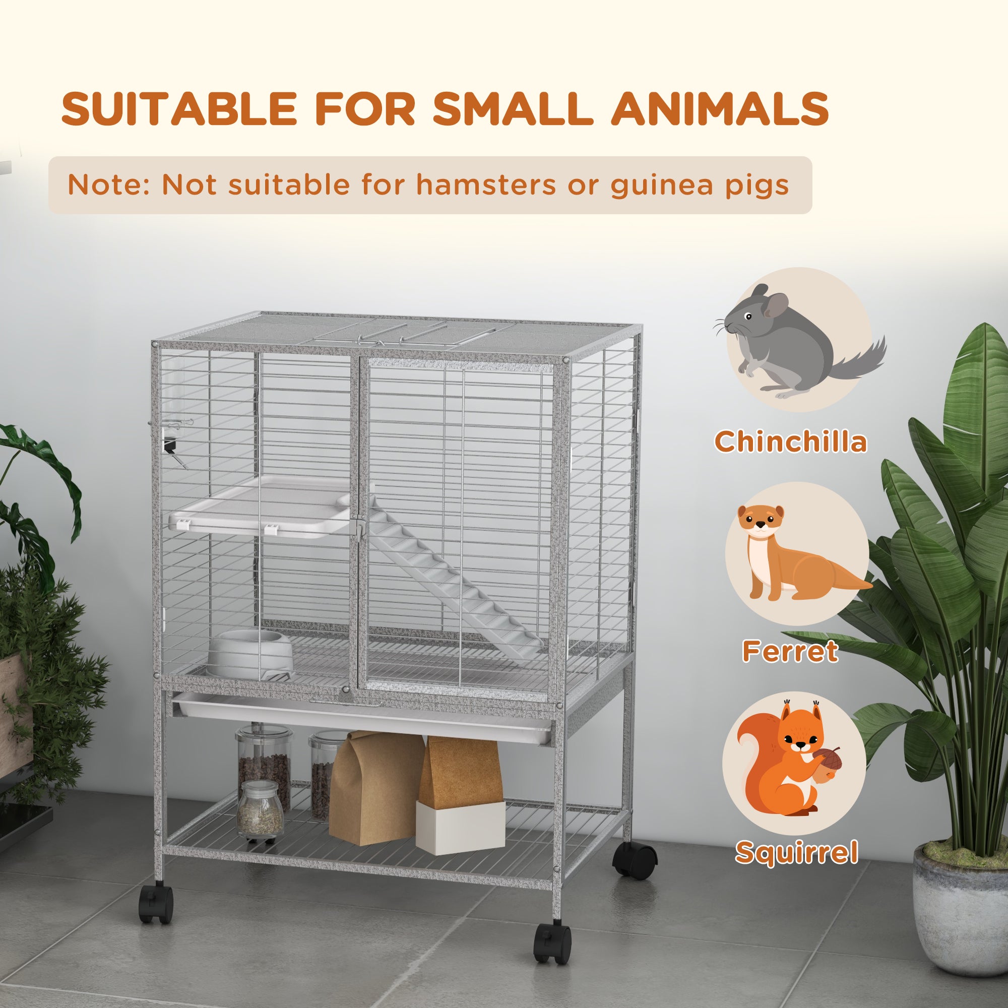 PawHut Small Animal Cage with Wheels, Pet Playpen for Rat, Kitten, Ferrets, Chinchillas with Bottom Storage Shelf, Removable Tray, Ramp, 24.2