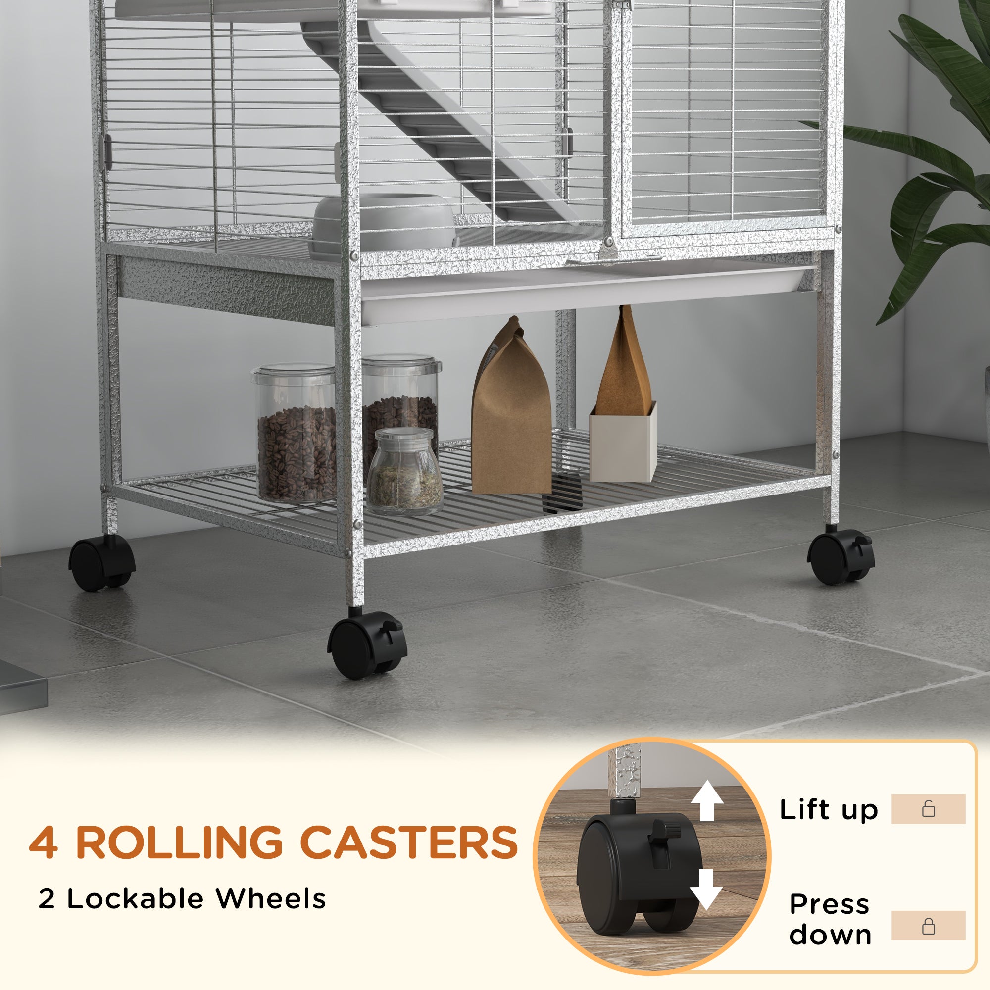 PawHut Small Animal Cage with Wheels, Pet Playpen for Rat, Kitten, Ferrets, Chinchillas with Bottom Storage Shelf, Removable Tray, Ramp, 24.2