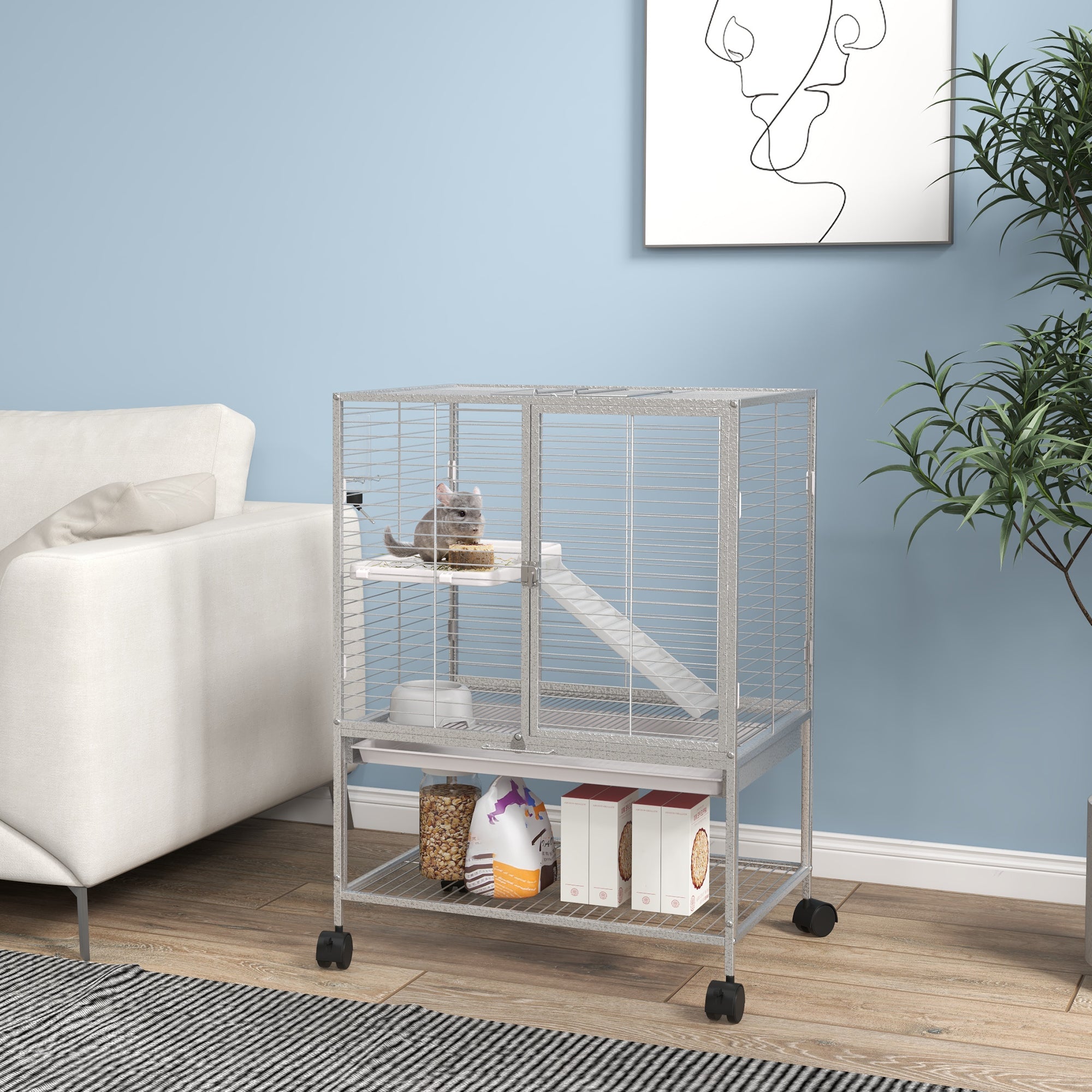 PawHut Small Animal Cage with Wheels, Pet Playpen for Rat, Kitten, Ferrets, Chinchillas with Bottom Storage Shelf, Removable Tray, Ramp, 24.2