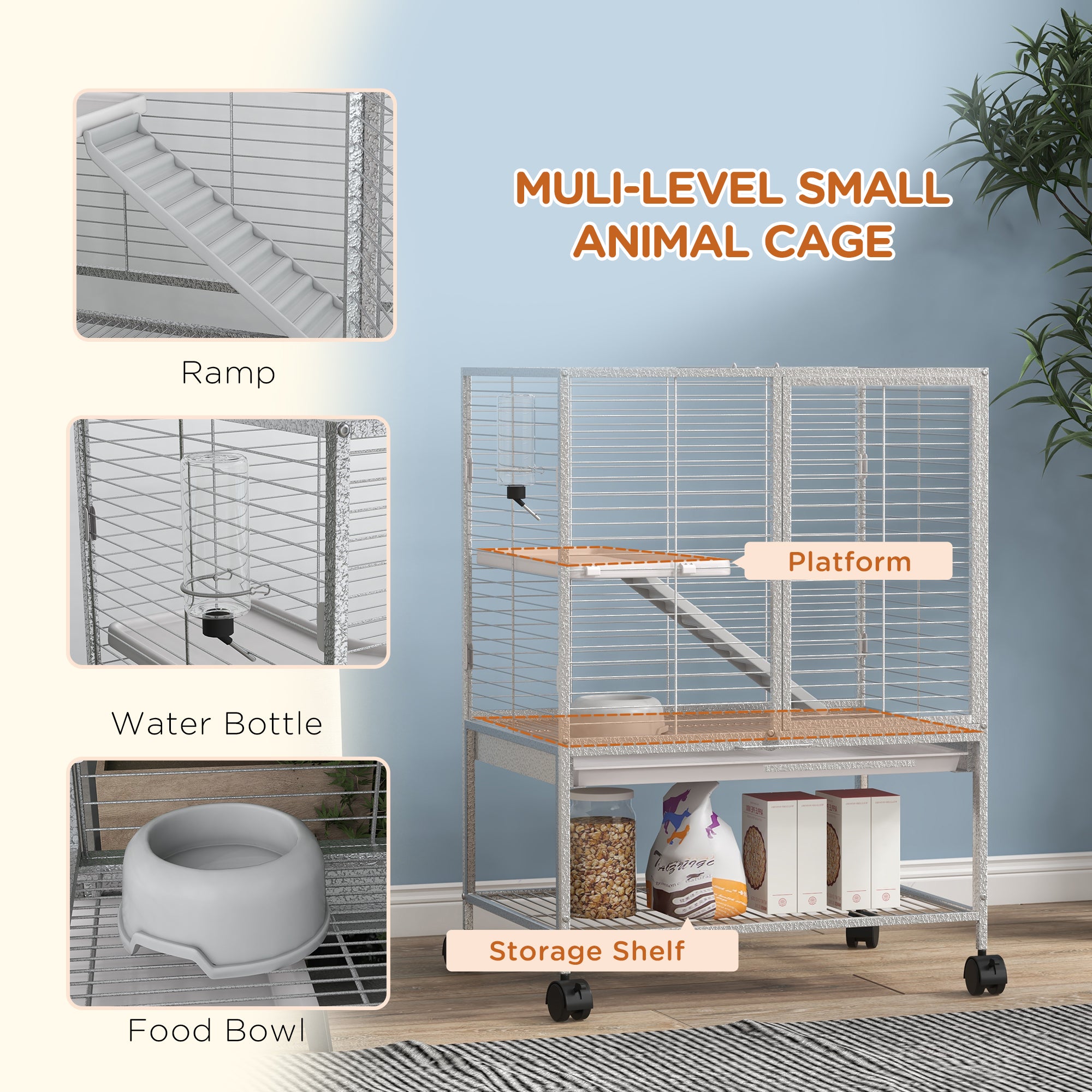PawHut Small Animal Cage with Wheels, Pet Playpen for Rat, Kitten, Ferrets, Chinchillas with Bottom Storage Shelf, Removable Tray, Ramp, 24.2