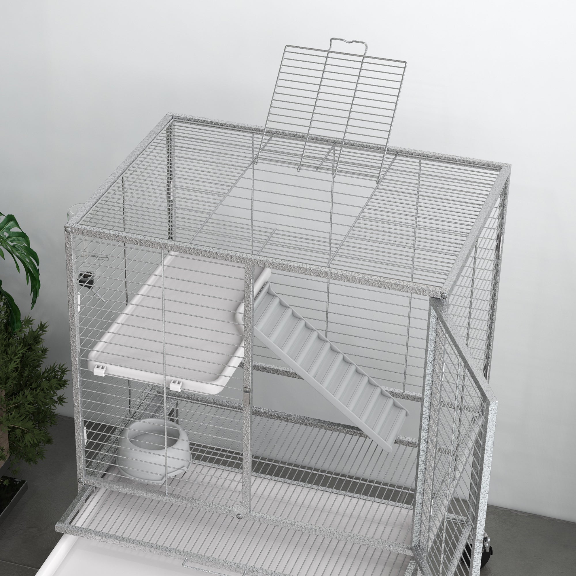 PawHut Small Animal Cage with Wheels, Pet Playpen for Rat, Kitten, Ferrets, Chinchillas with Bottom Storage Shelf, Removable Tray, Ramp, 24.2